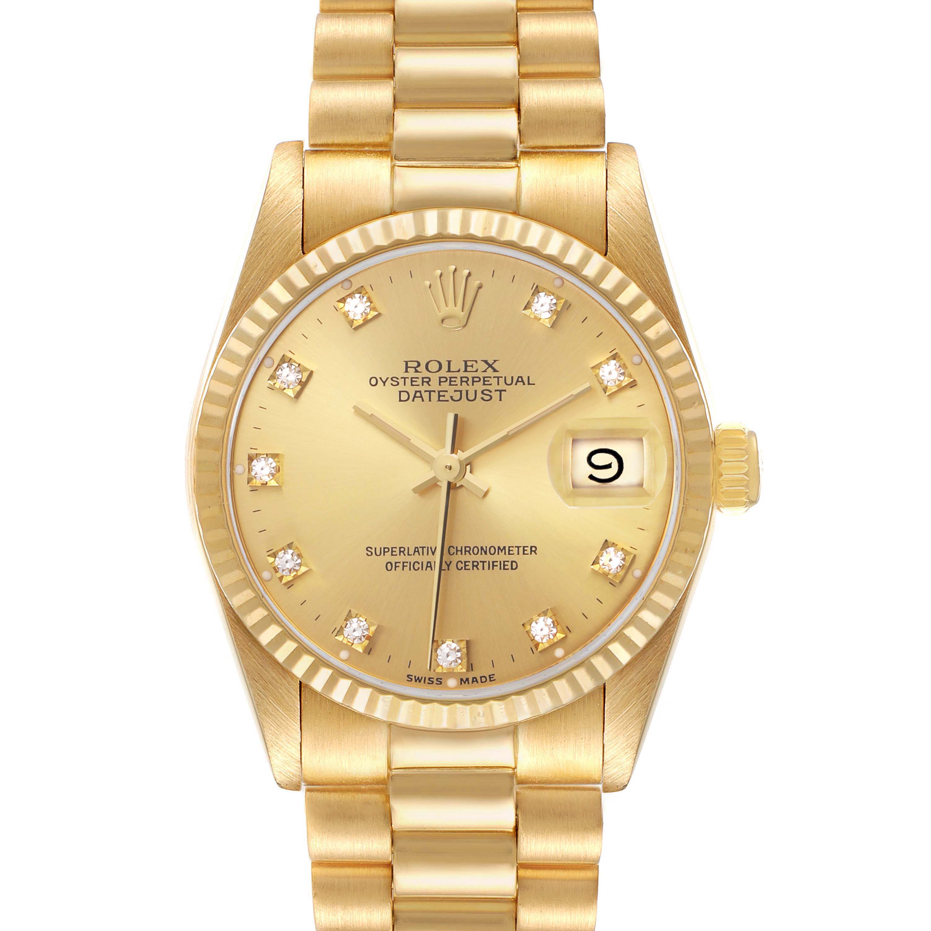 The Rolex President 68278 Women's Yellow Gold Champagne Dial model watch is shown from the front, featuring the face, bezel, crown, and bracelet.