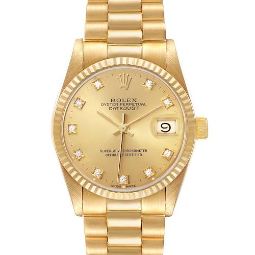 The Rolex President 68278 Women's Yellow Gold Champagne Dial model watch is shown from the front, displaying its dial, fluted bezel, and bracelet.