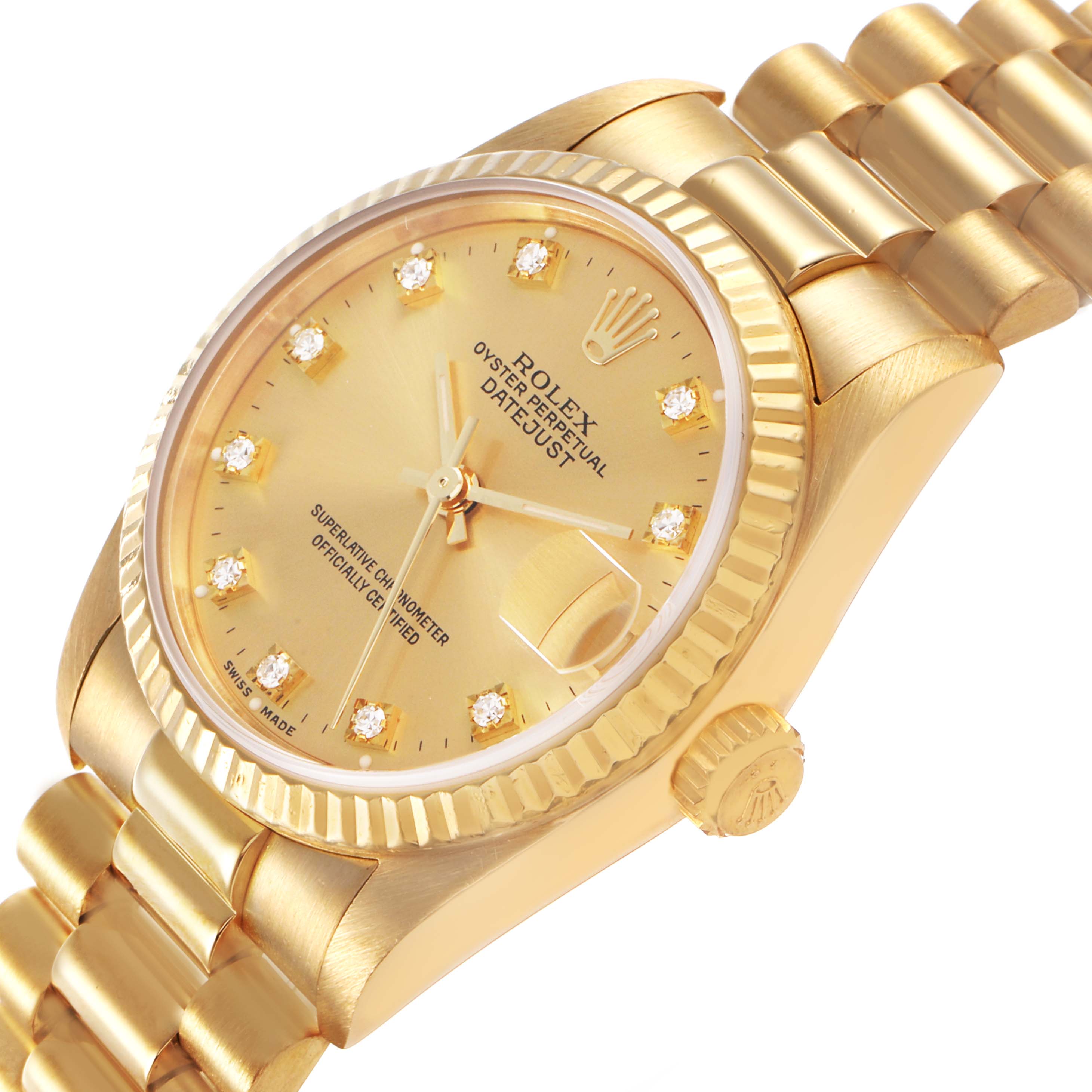The Rolex President 68278 Women's Yellow Gold Champagne Dial model is shown at a three-quarter angle, highlighting the dial, bezel, case, and bracelet.
