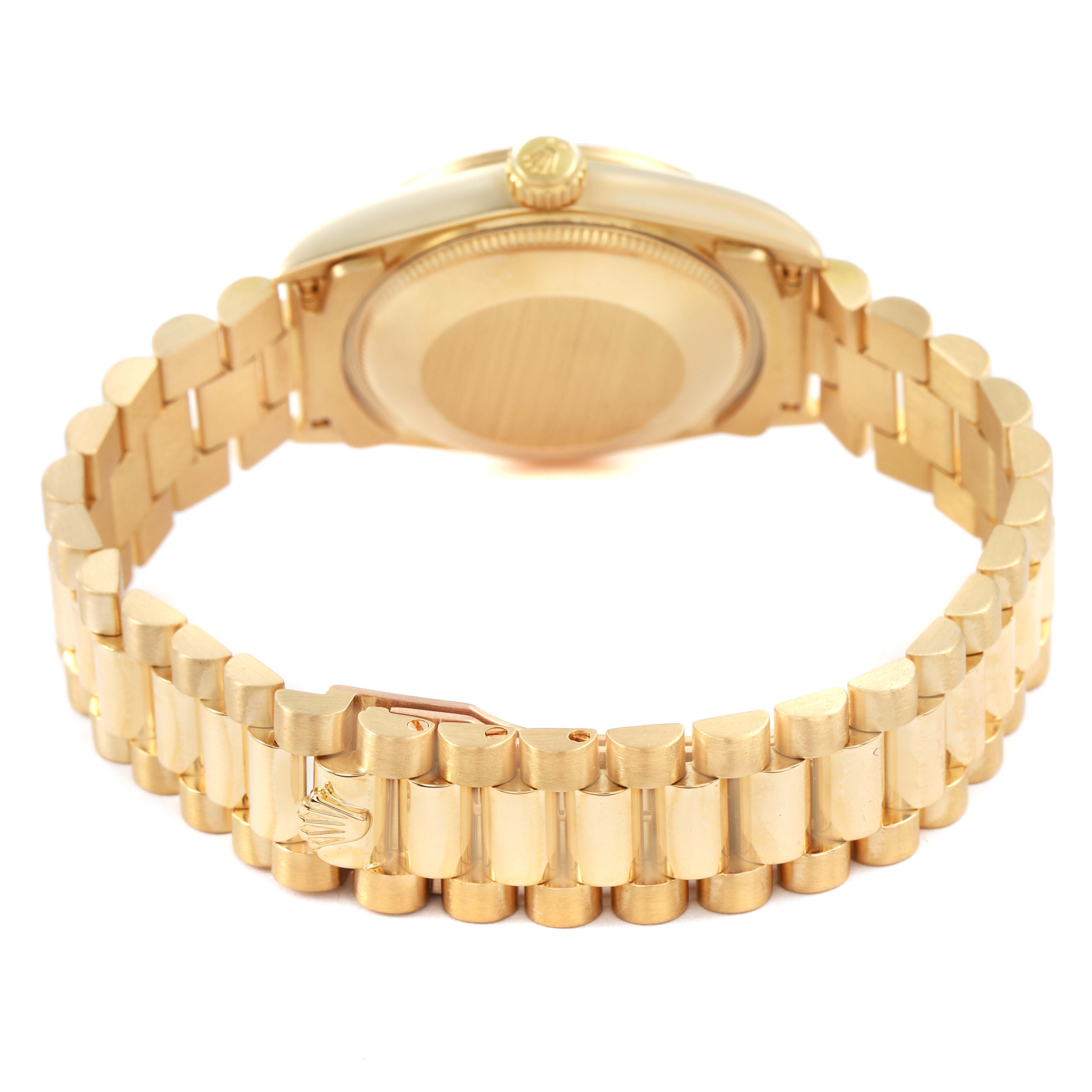 The image shows the back and side of a Rolex President 68278 Women's Yellow Gold Champagne Dial model watch, highlighting its gold bracelet and clasp.