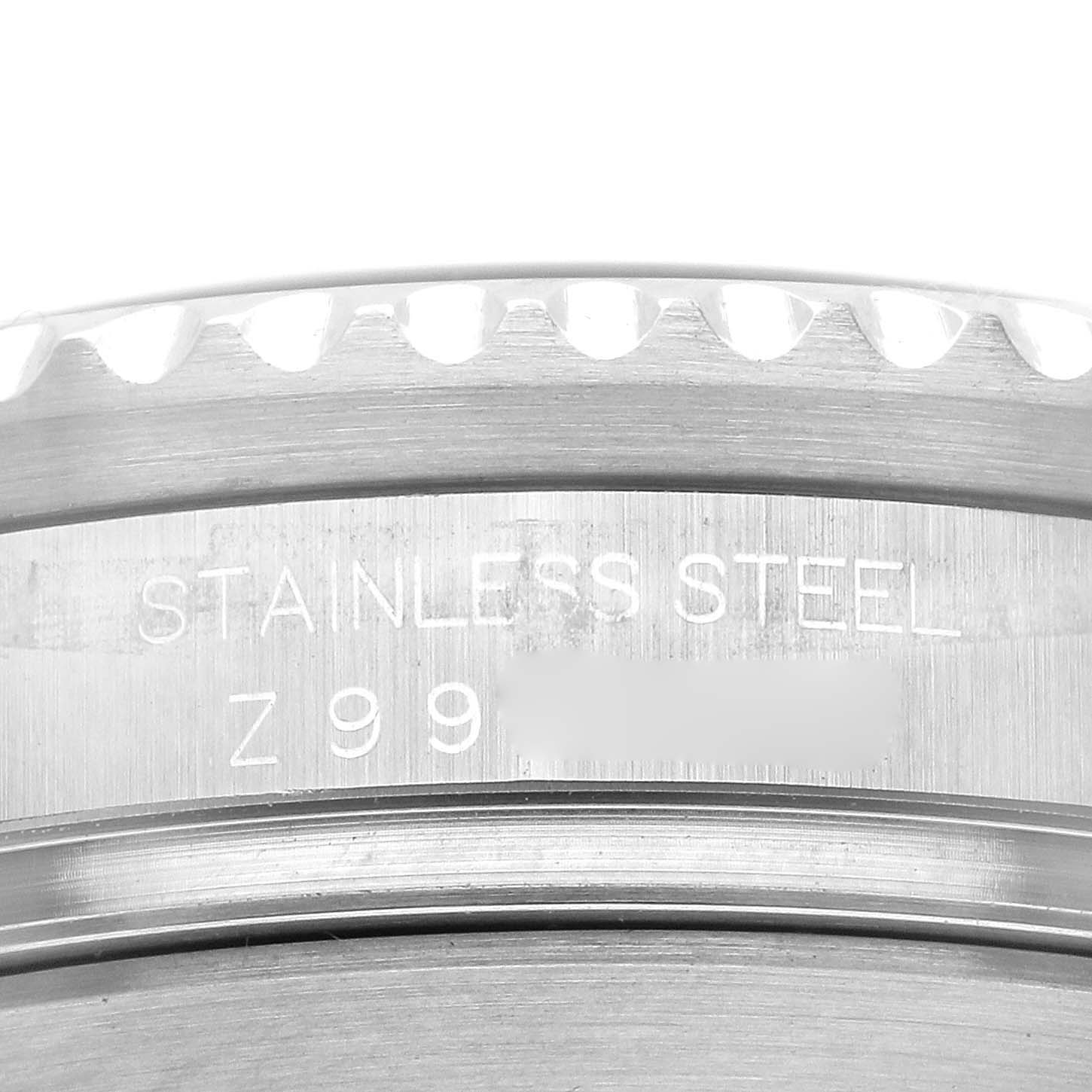 The image shows the side of a Rolex Sea-Dweller 16600 Men's Stainless Steel Black Dial, highlighting the stainless steel bezel and engraved details.