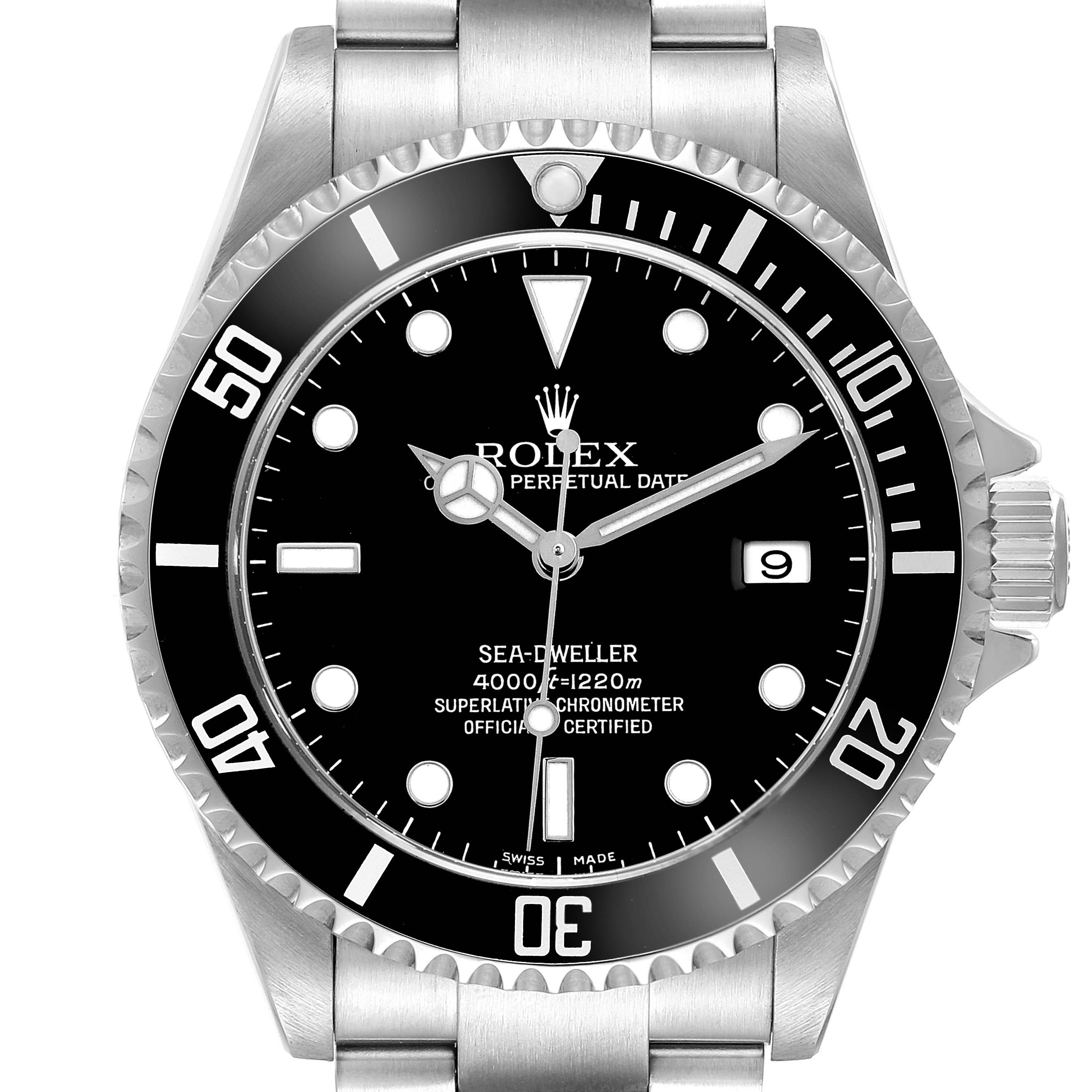 The Rolex Sea-Dweller 16600 Men's Stainless Steel Black Dial watch is shown from a front angle, highlighting the dial, bezel, and date window.