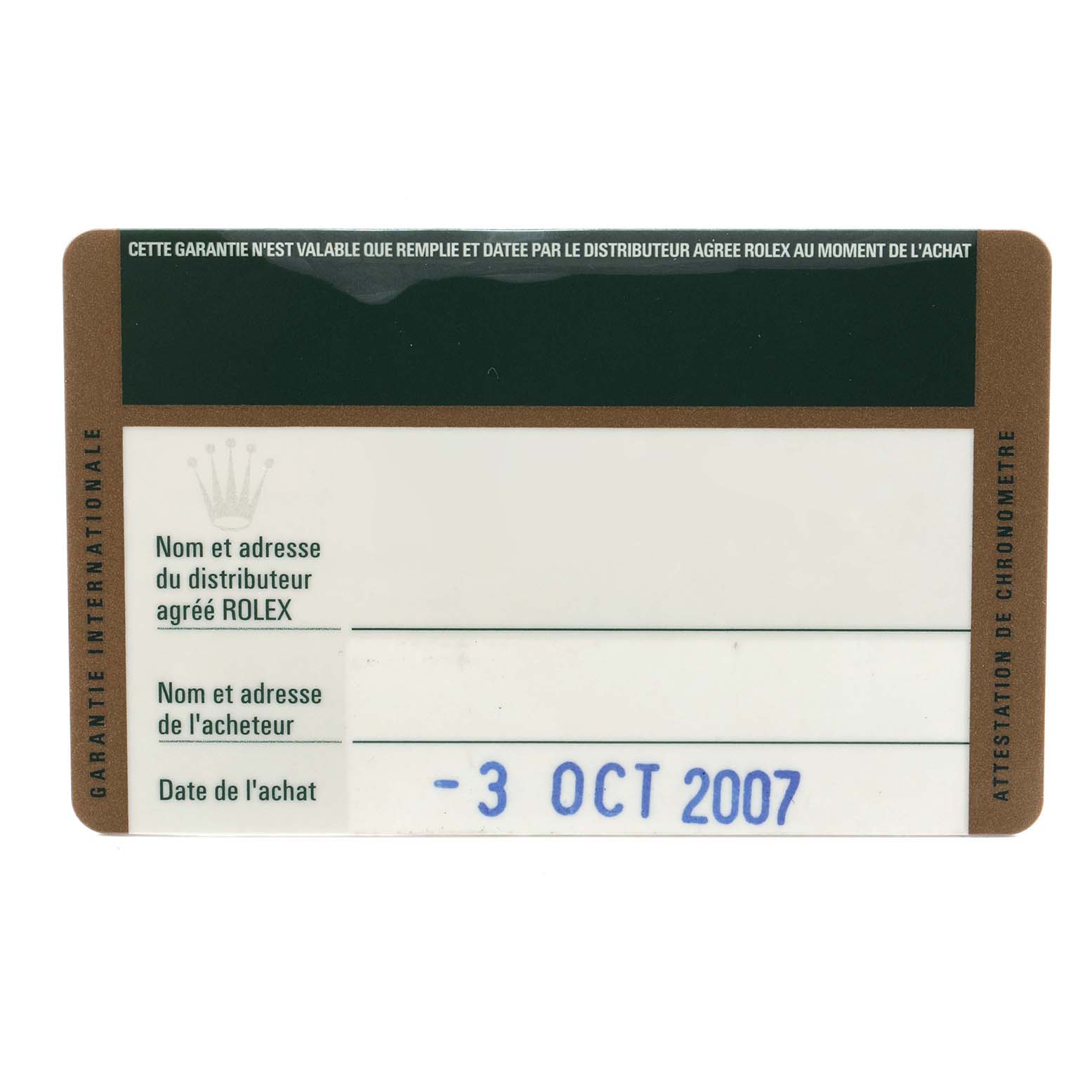 This image shows a warranty card for the Rolex Sea-Dweller 16600 Men's Stainless Steel Black Dial model, displaying purchase and retail details.