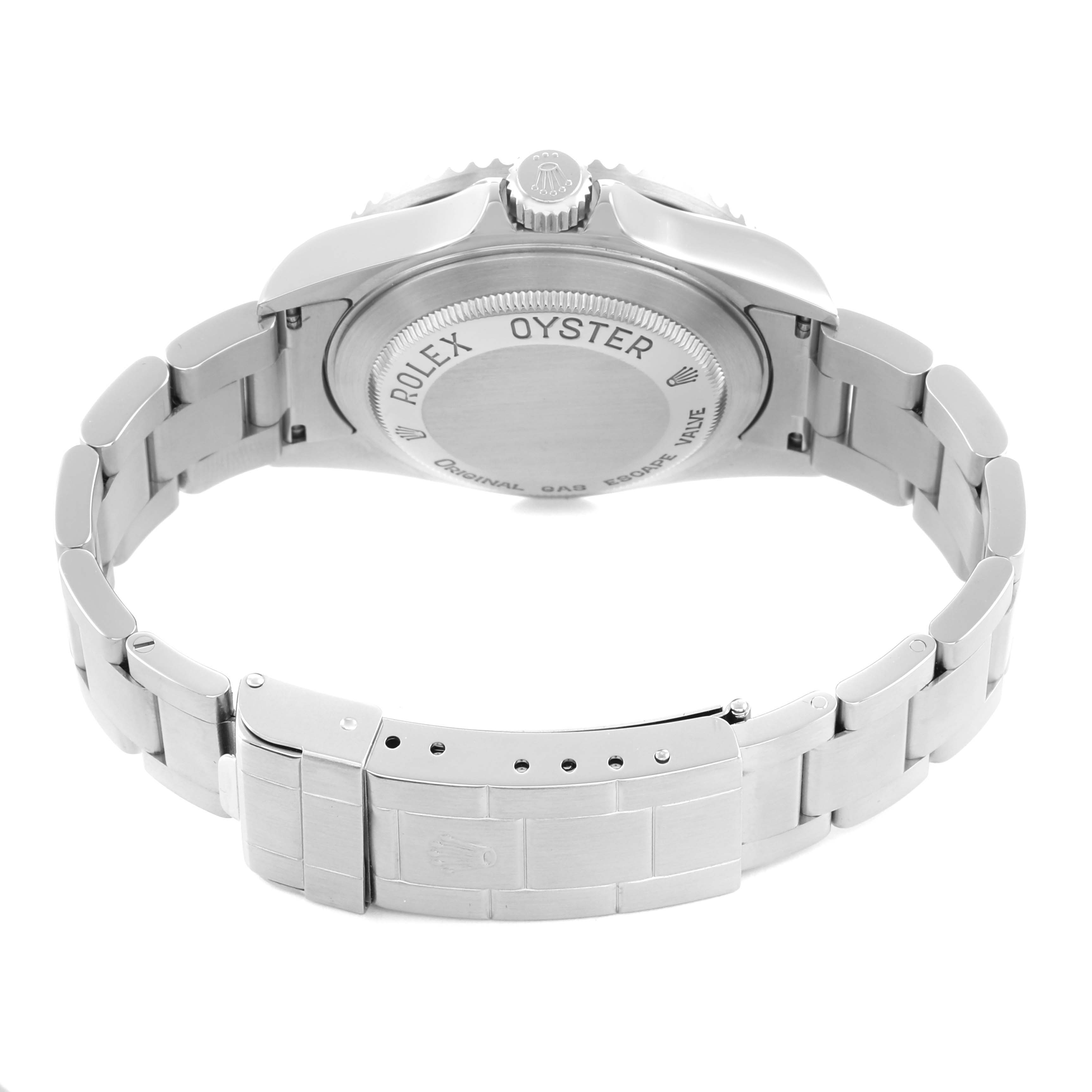 The image shows the back view and bracelet of a Rolex Sea-Dweller 16600 Men's Stainless Steel Black Dial, highlighting the case back and clasp.