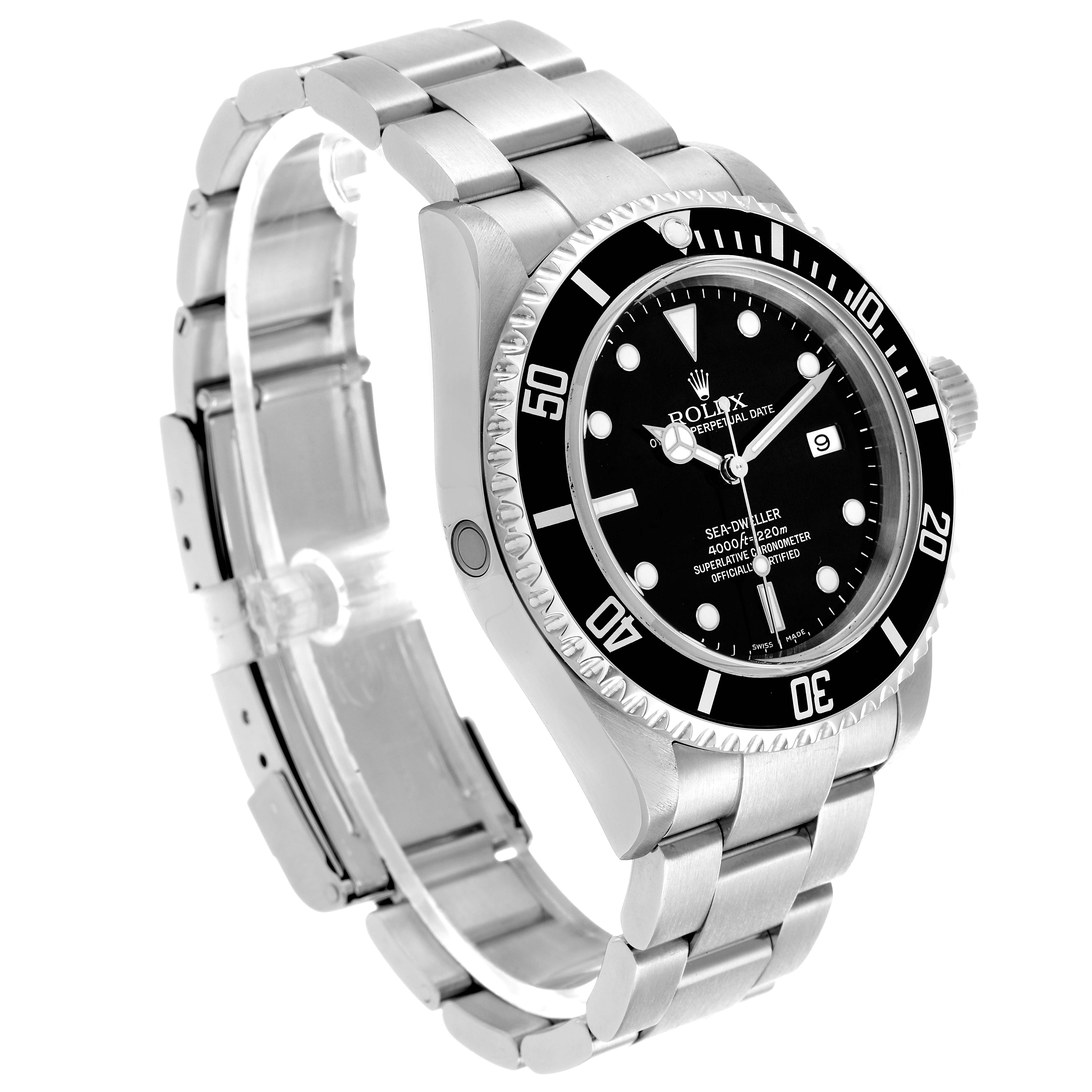 The Rolex Sea-Dweller 16600 Men's Stainless Steel Black Dial watch is shown at a three-quarter angle, highlighting its black dial, bezel, and metal bracelet.