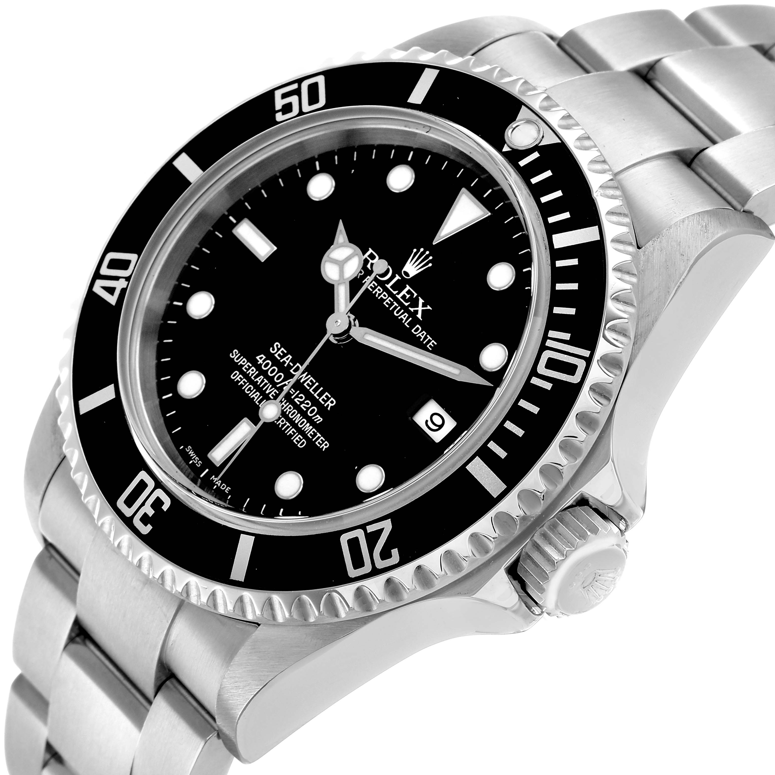 The Rolex Sea-Dweller 16600 Men's Stainless Steel Black Dial watch is shown from a tilted side angle, highlighting the bezel, crown, and bracelet.
