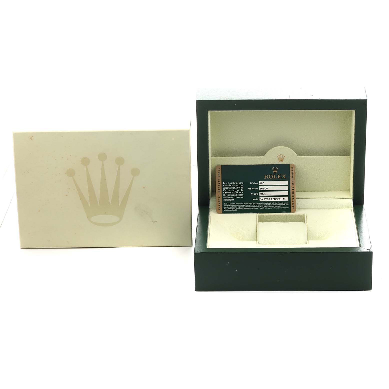 The image shows an open Rolex Sea-Dweller 16600 Men's Stainless Steel Black Dial box and warranty card, viewed from the front.