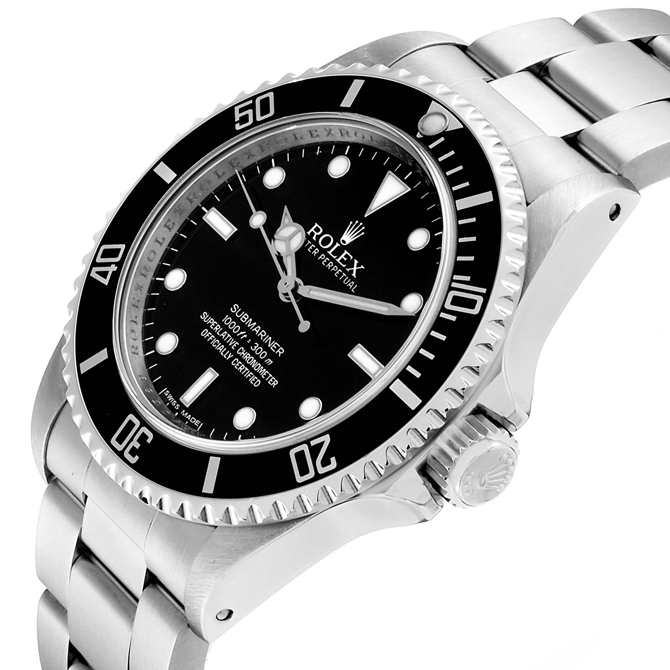 The image shows a tilted side view of a Rolex Submariner 14060 Men's Stainless Steel Black Dial 14060 Men's Stainless Steel Black Dial watch, highlighting the bezel, dial, crown, and bracelet.