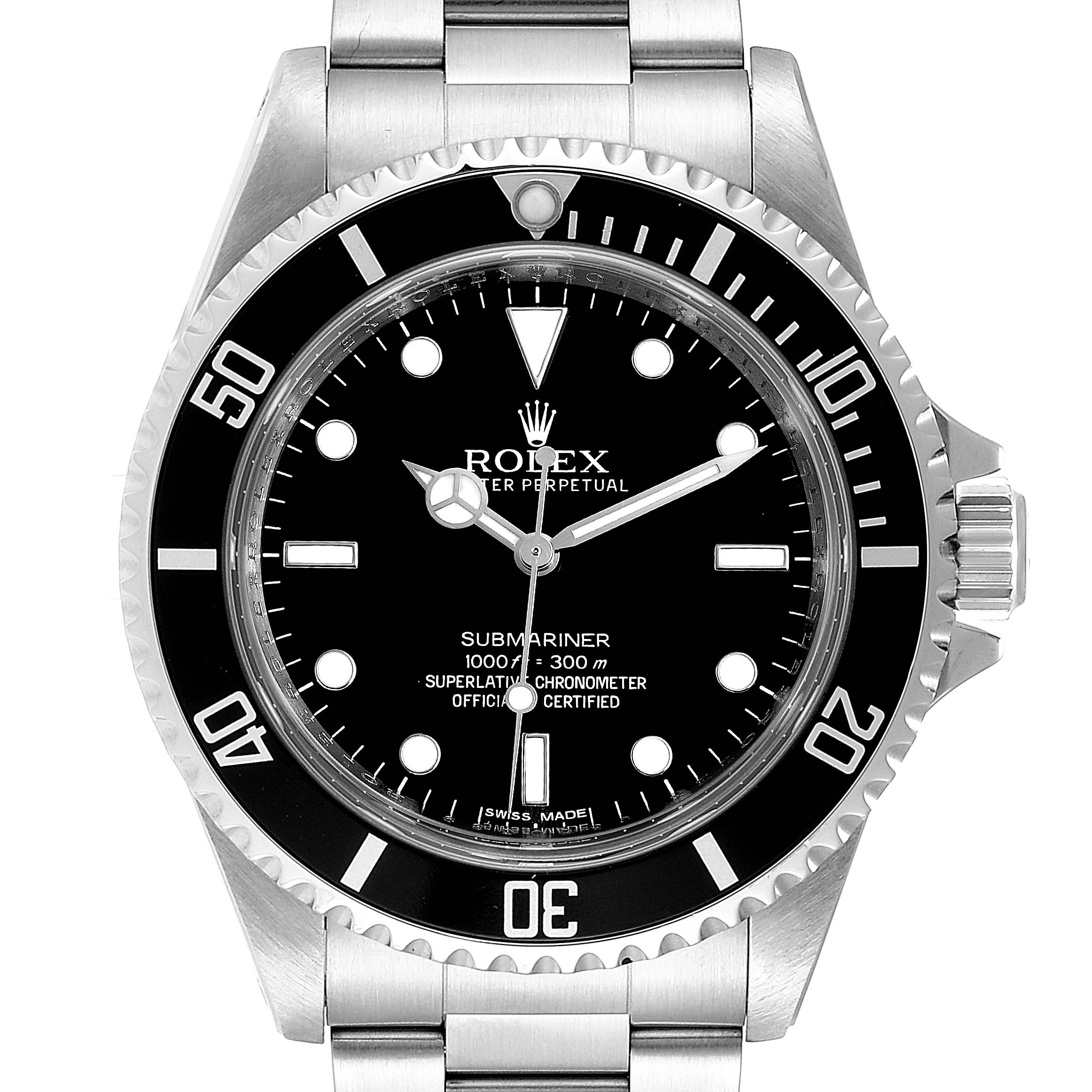 The image shows a frontal view of the Rolex Submariner 14060 Men's Stainless Steel Black Dial 14060 Men's Stainless Steel Black Dial watch, highlighting its dial, bezel, and crown.