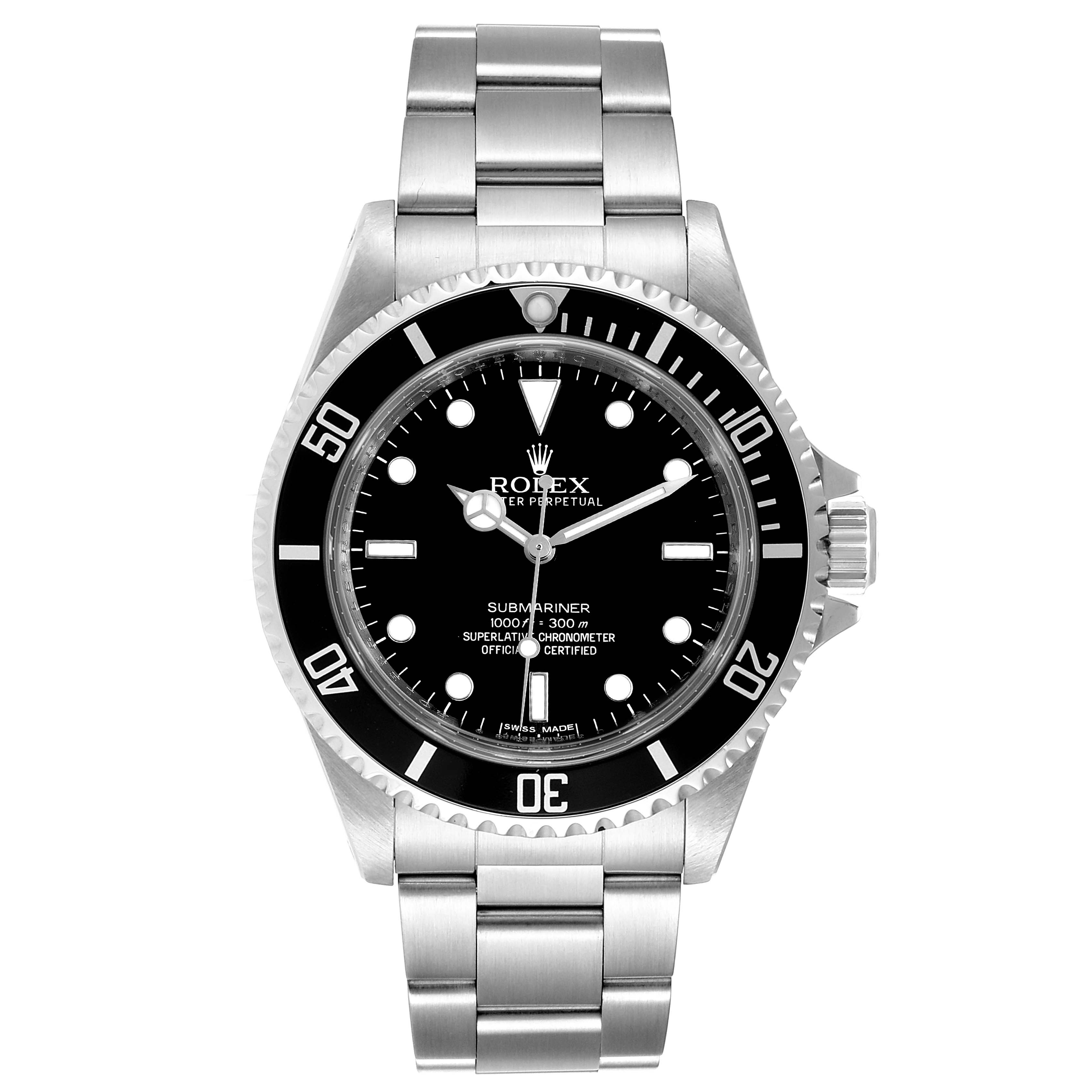 The image shows a front view of a Rolex Submariner 14060 Men's Stainless Steel Black Dial 14060 Men's Stainless Steel Black Dial watch, displaying its dial, bezel, and bracelet.