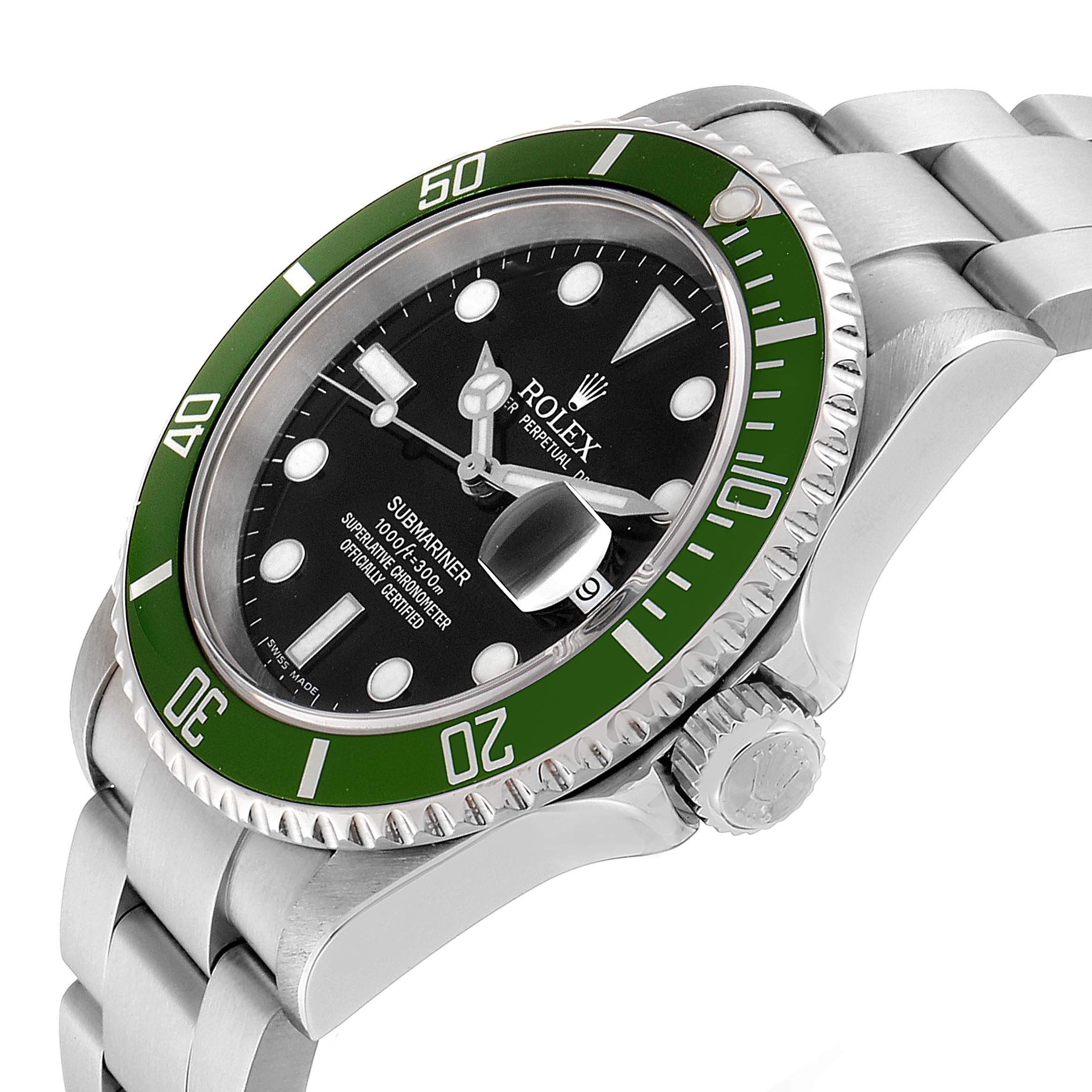 The image shows a Rolex Submariner 16610LV Men
s Stainless Steel Black Dial 16610LV Men
s Stainless Steel Black Dial watch angled to display its face, bezel, crown, and bracelet.