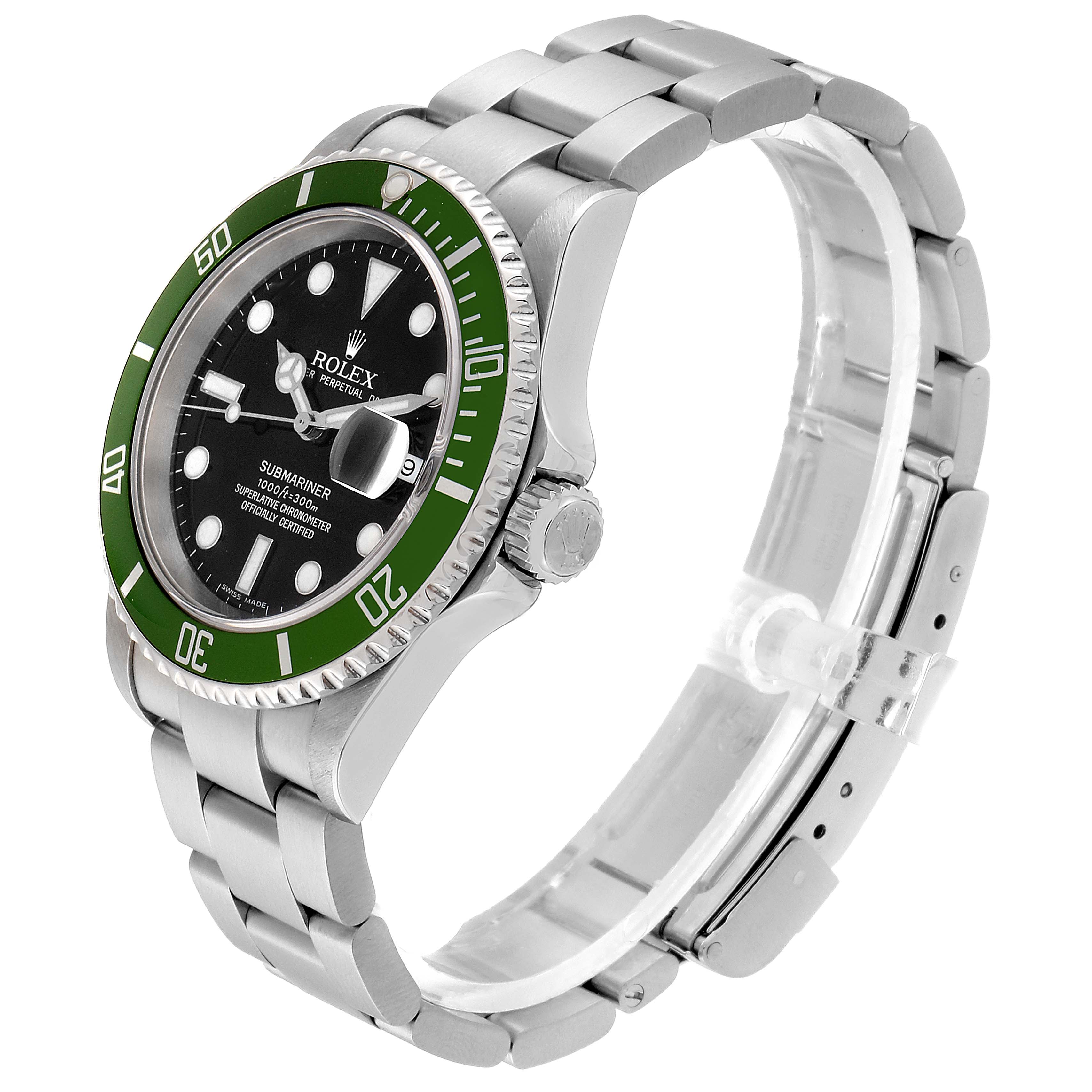 The Rolex Submariner 16610LV Men
s Stainless Steel Black Dial 16610LV Men
s Stainless Steel Black Dial watch is shown at a slight angle, displaying its green bezel, black dial, and metal bracelet.