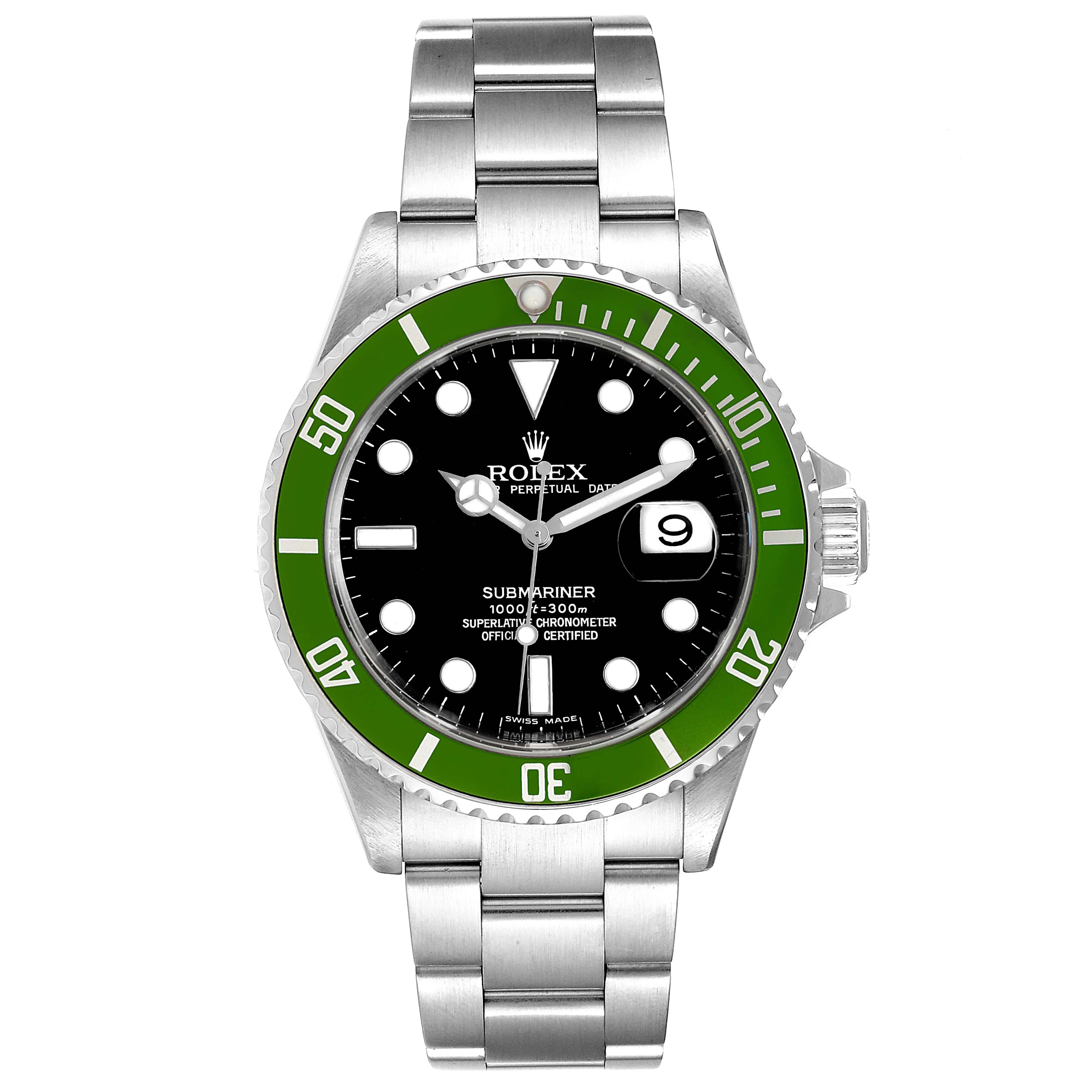 This Rolex Submariner 16610LV Men
s Stainless Steel Black Dial 16610LV Men
s Stainless Steel Black Dial watch is shown from a front-facing angle, displaying the dial, bezel, and bracelet.