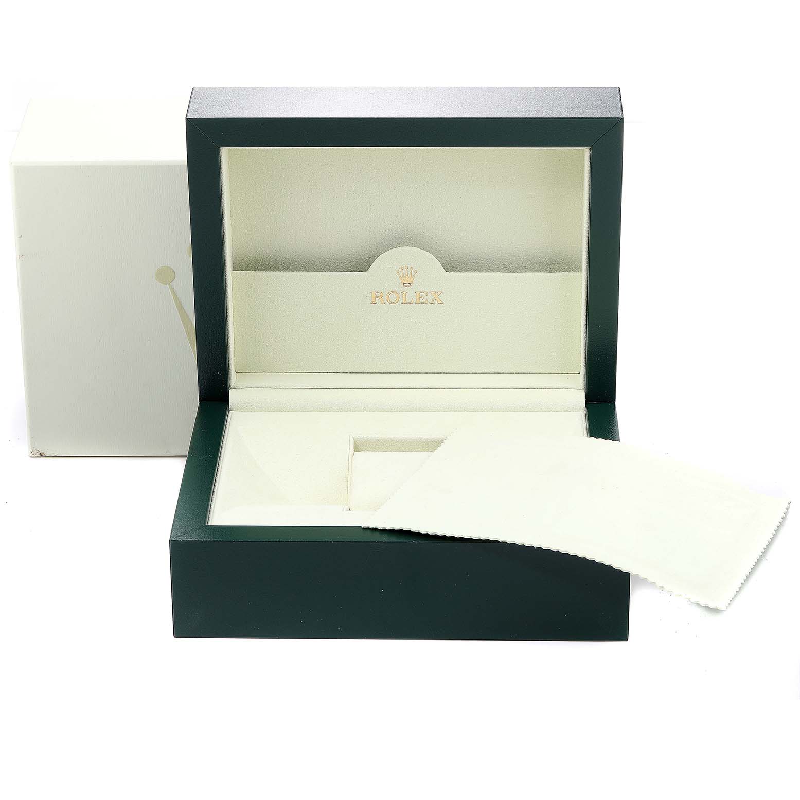 The image shows an open Rolex Submariner 16610LV Men
s Stainless Steel Black Dial 16610LV Men
s Stainless Steel Black Dial watch box viewed from the front, with an accompanying cleaning cloth.