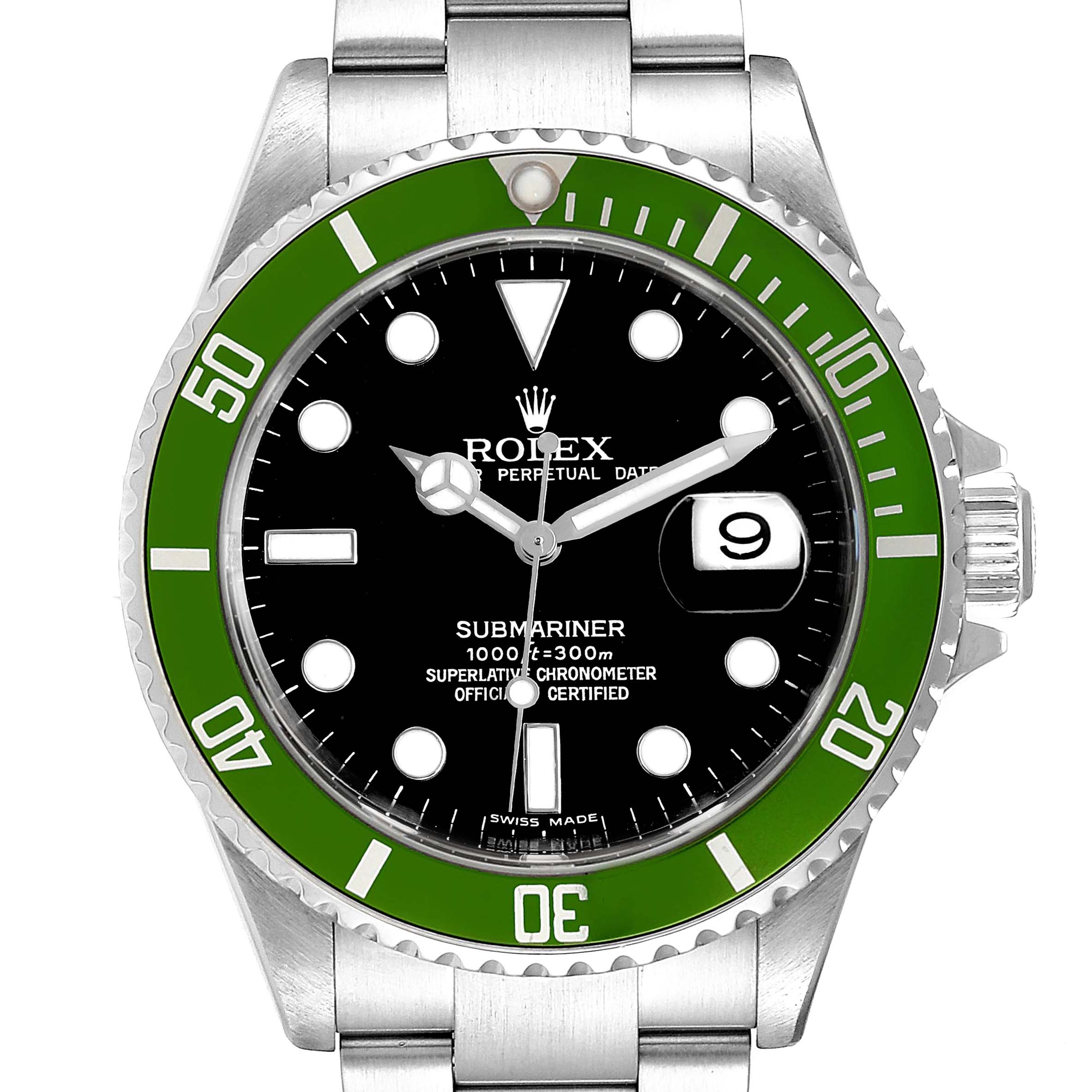 This is a front view of the Rolex Submariner 16610LV Men
s Stainless Steel Black Dial 16610LV Men
s Stainless Steel Black Dial watch, showing the dial, bezel, crown, and part of the metal bracelet.