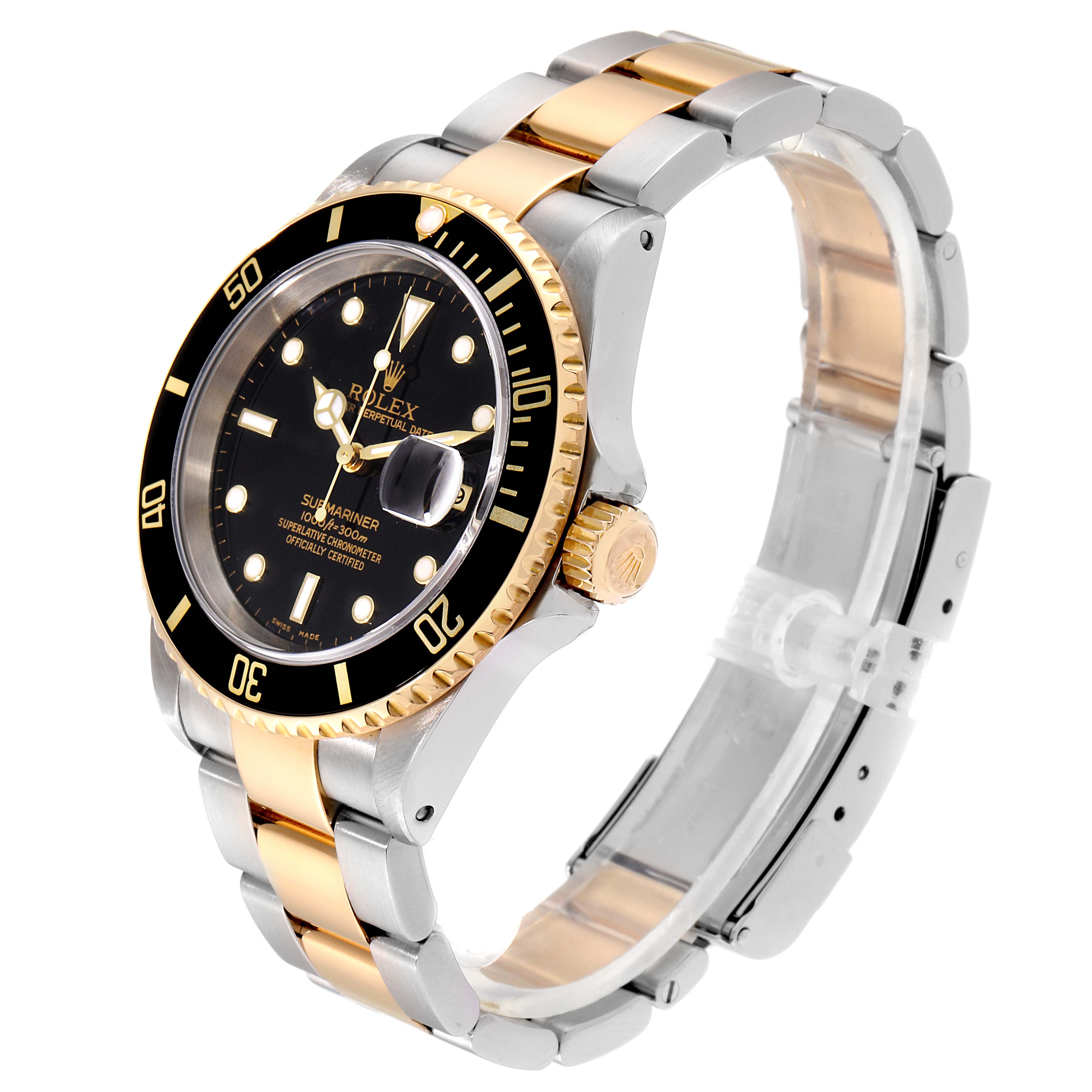 The image shows a side angle of the Rolex Submariner 16613 Men
s Steel and Gold (two tone) Black Dial 16613 Men
s Steel and Gold (two tone) Black Dial watch, highlighting its bezel, crown, dial, and two-tone bracelet.