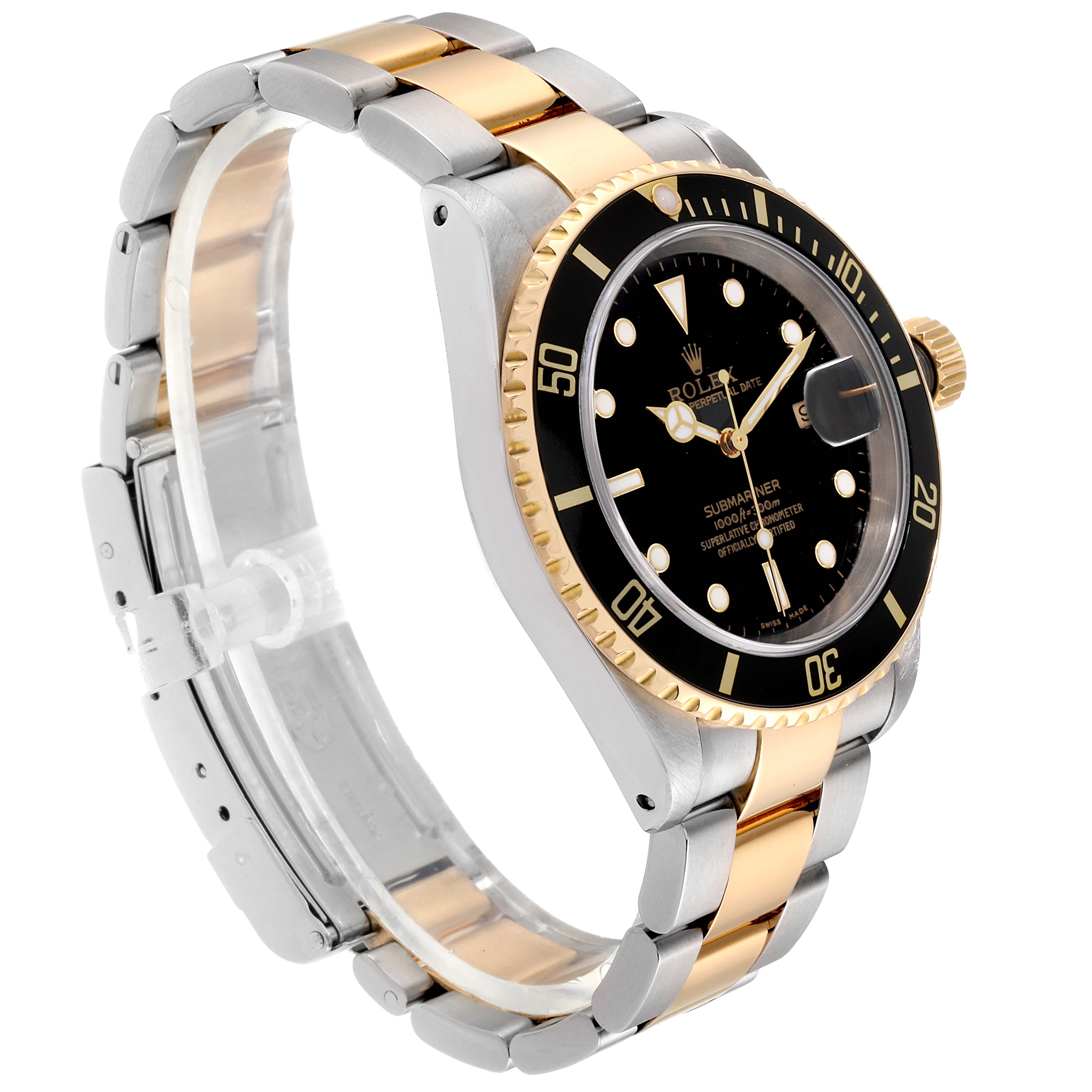The image shows a side view of a Rolex Submariner 16613 Men
s Steel and Gold (two tone) Black Dial 16613 Men
s Steel and Gold (two tone) Black Dial watch, highlighting its black dial, gold and silver bezel, and bracelet.