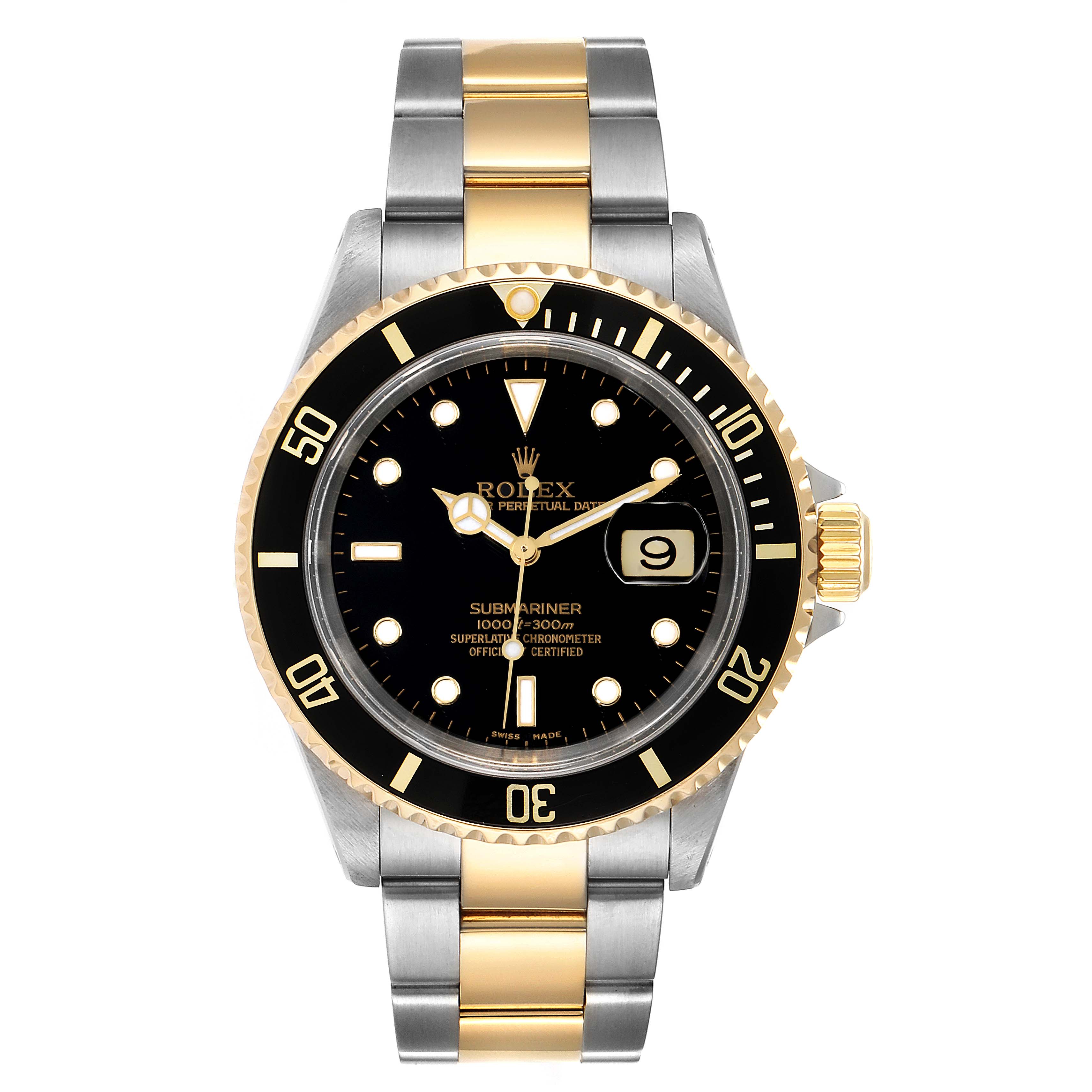 The image shows a front view of a Rolex Submariner 16613 Men
s Steel and Gold (two tone) Black Dial 16613 Men
s Steel and Gold (two tone) Black Dial watch, highlighting its black dial, gold bezel, and two-tone metal bracelet.