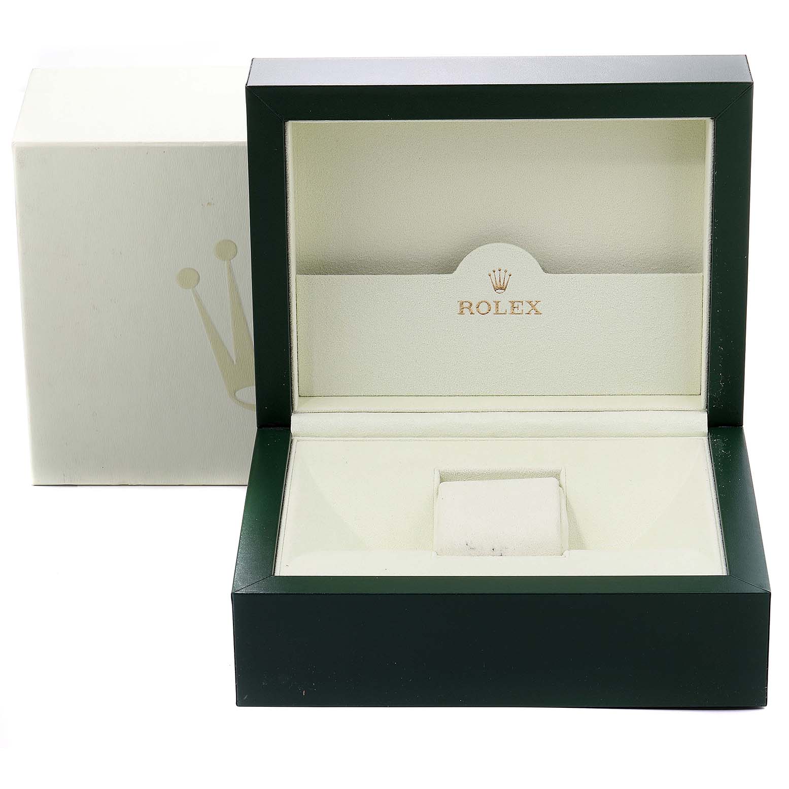 The image shows a Rolex Submariner 16613 Men
s Steel and Gold (two tone) Black Dial 16613 Men
s Steel and Gold (two tone) Black Dial watch box open from a front angle, displaying the interior with a cushion for the watch.