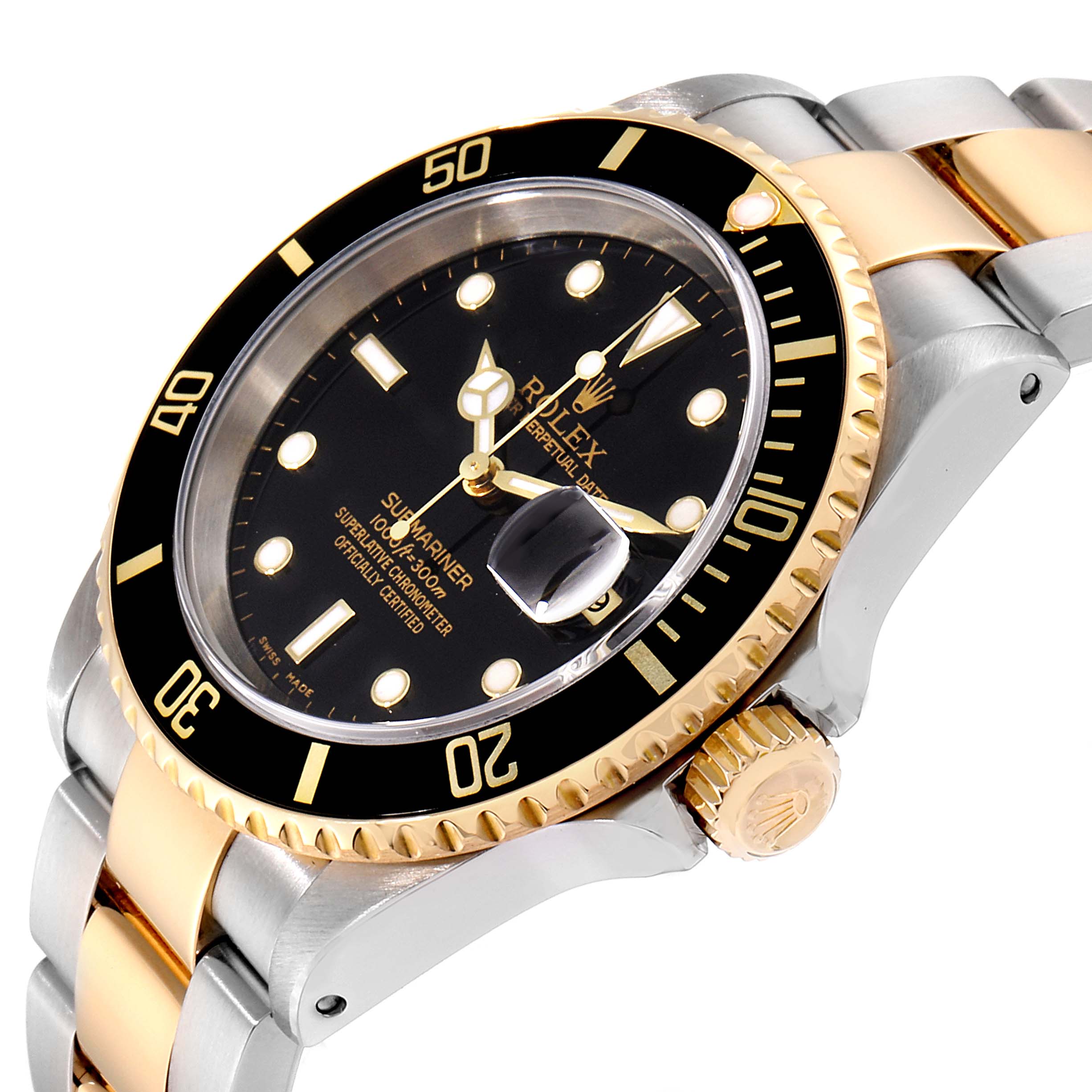 The image shows a close-up side angle of the Rolex Submariner 16613 Men
s Steel and Gold (two tone) Black Dial 16613 Men
s Steel and Gold (two tone) Black Dial, highlighting the dial, bezel, crown, and bracelet.