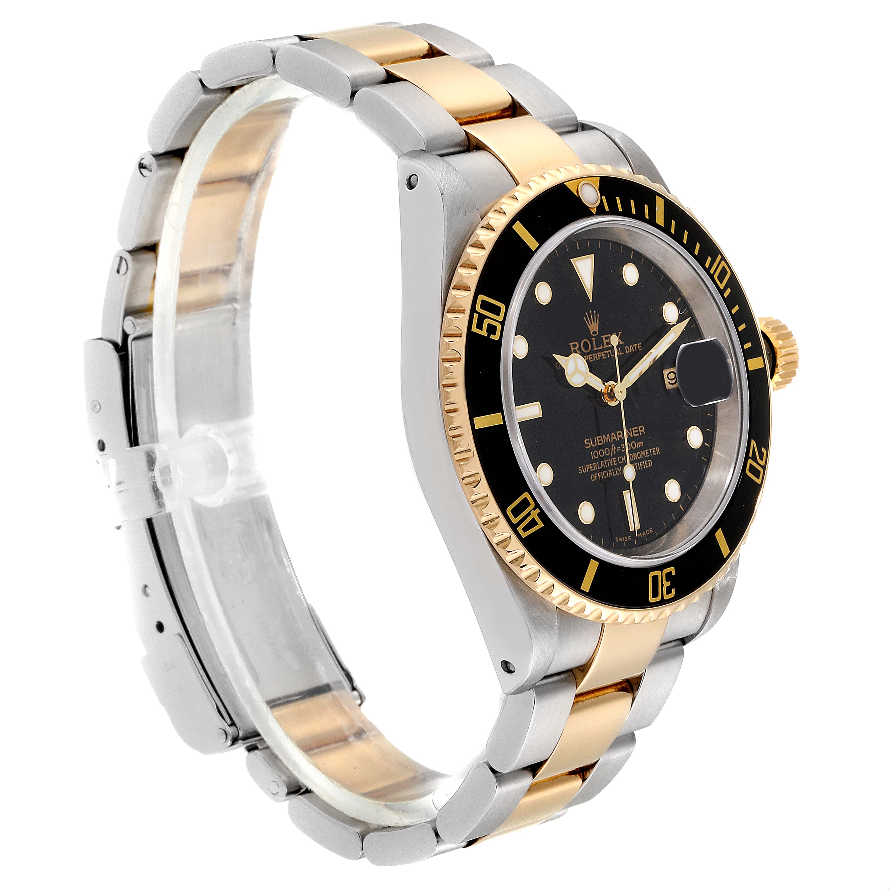 The Rolex Submariner 16613 Men
s Steel and Gold (two tone) Black Dial 16613 Men
s Steel and Gold (two tone) Black Dial watch is shown at a three-quarter angle, highlighting its bezel, dial, and two-tone bracelet.