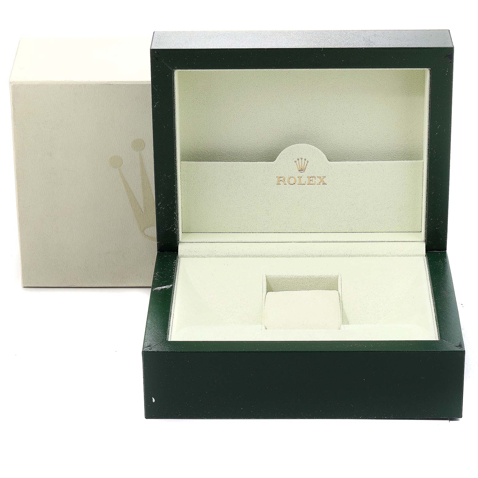 The image shows an empty Rolex Submariner 16613 Men
s Steel and Gold (two tone) Black Dial 16613 Men
s Steel and Gold (two tone) Black Dial watch box, including the outer box and inner cushioned holder.