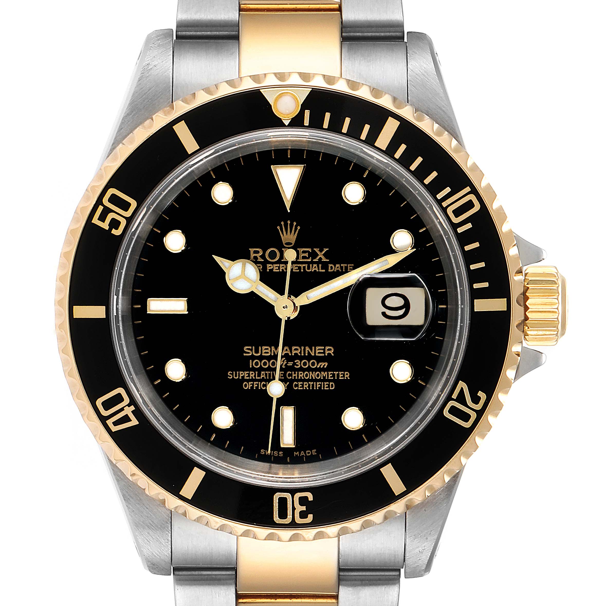 The Rolex Submariner 16613 Men
s Steel and Gold (two tone) Black Dial 16613 Men
s Steel and Gold (two tone) Black Dial watch is shown from a front angle, highlighting its face, bezel, and part of the bracelet.