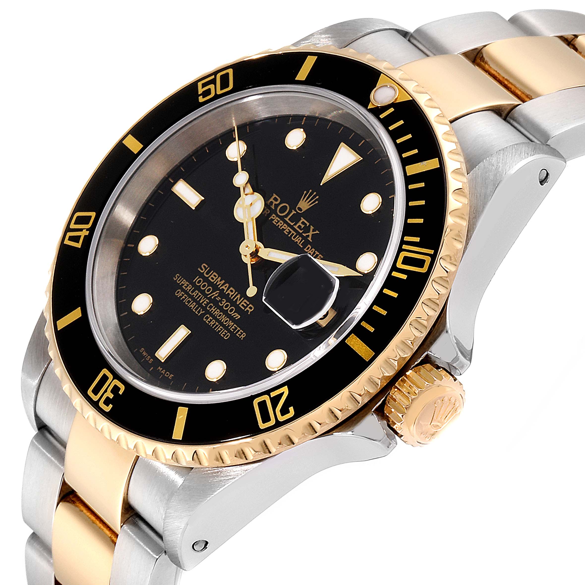 The angle displays the face, bezel, crown, and part of the bracelet of the Rolex Submariner 16613 Men
s Steel and Gold (two tone) Black Dial 16613 Men
s Steel and Gold (two tone) Black Dial.