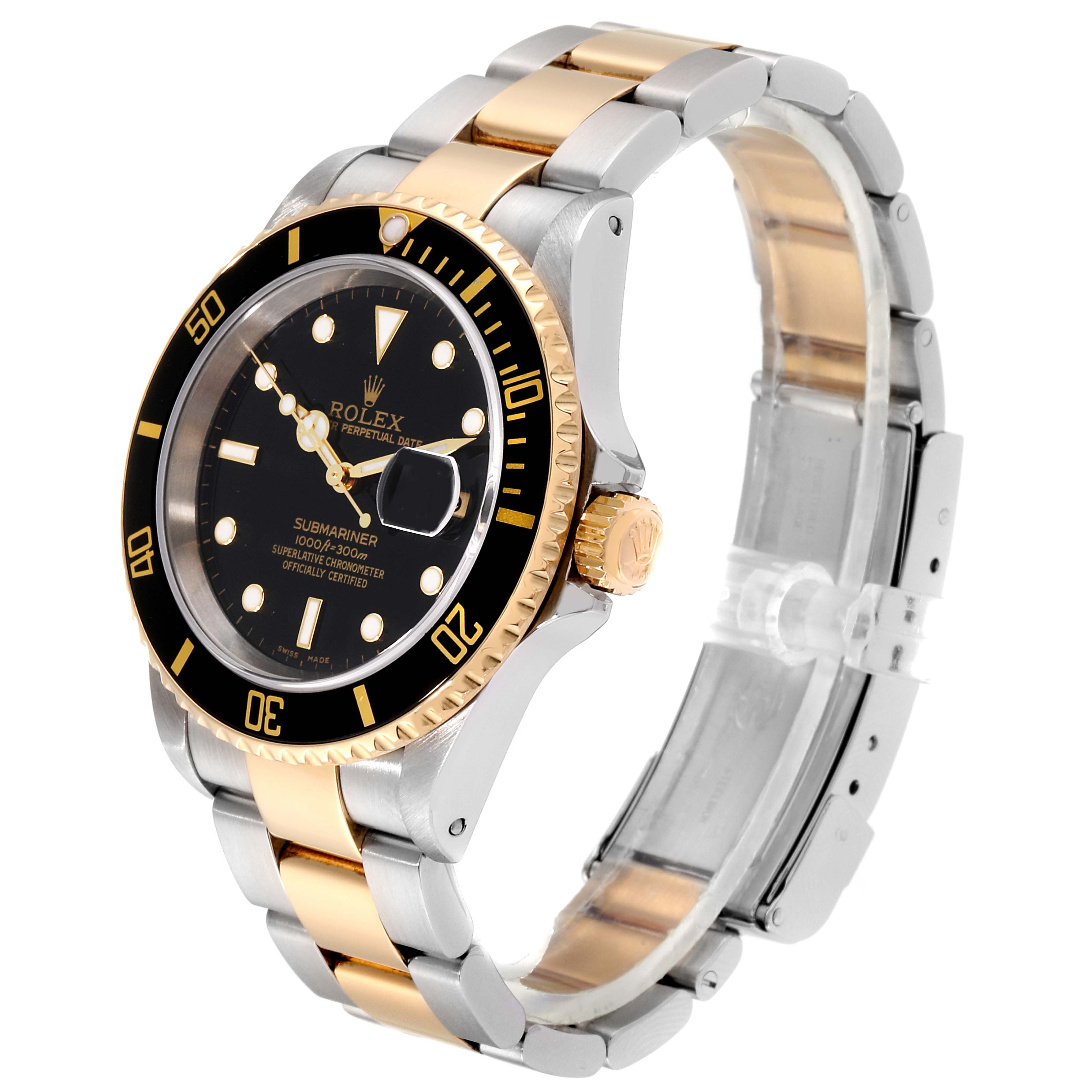 This image shows a Rolex Submariner 16613 Men
s Steel and Gold (two tone) Black Dial 16613 Men
s Steel and Gold (two tone) Black Dial watch at a three-quarter angle, displaying the dial, bezel, crown, and bracelet.