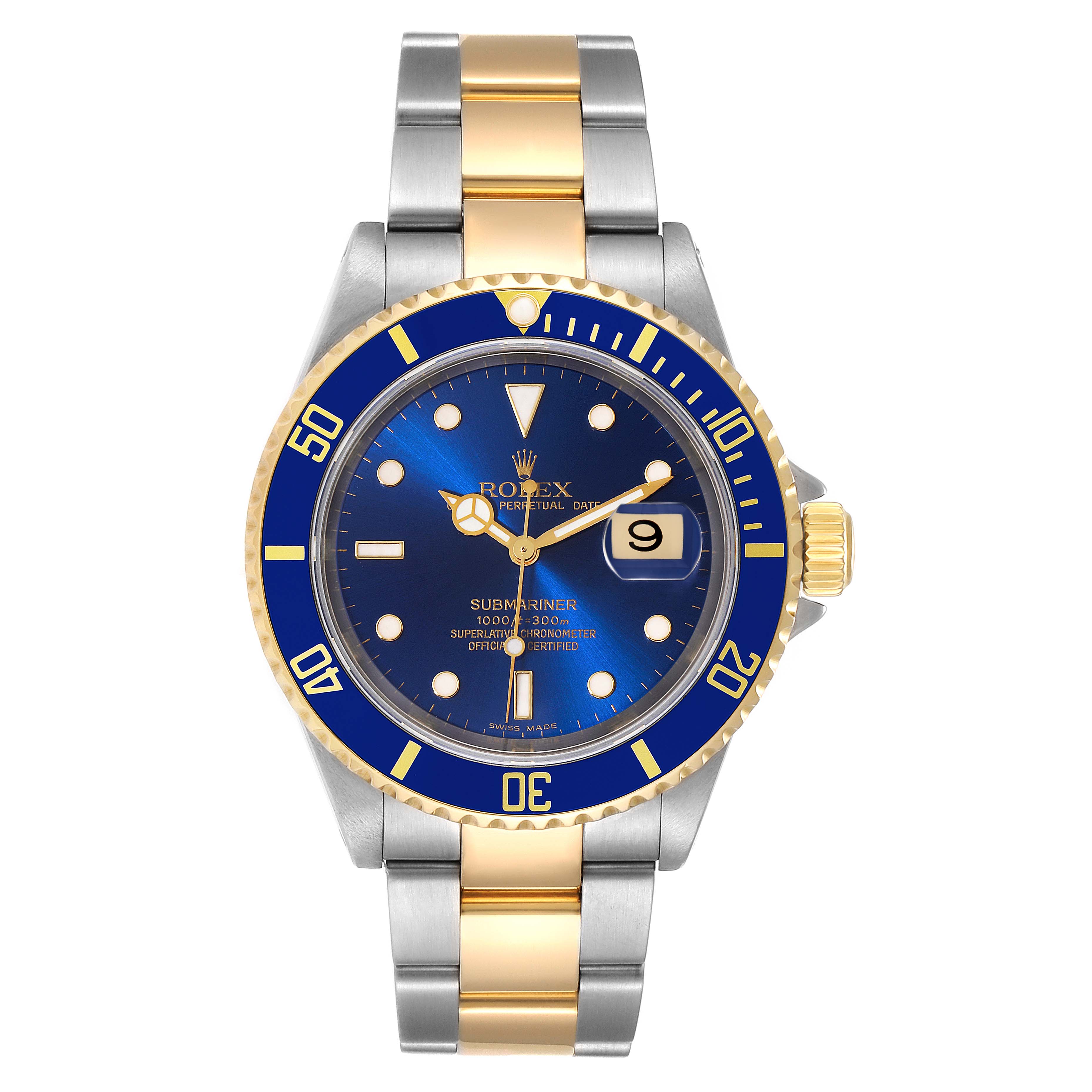 The Rolex Submariner 16613 Men's Steel and Gold (two tone) Blue Dial 16613 Men's Steel and Gold (two tone) Blue Dial watch is shown from the front, displaying its dial, bezel, case, and bracelet.