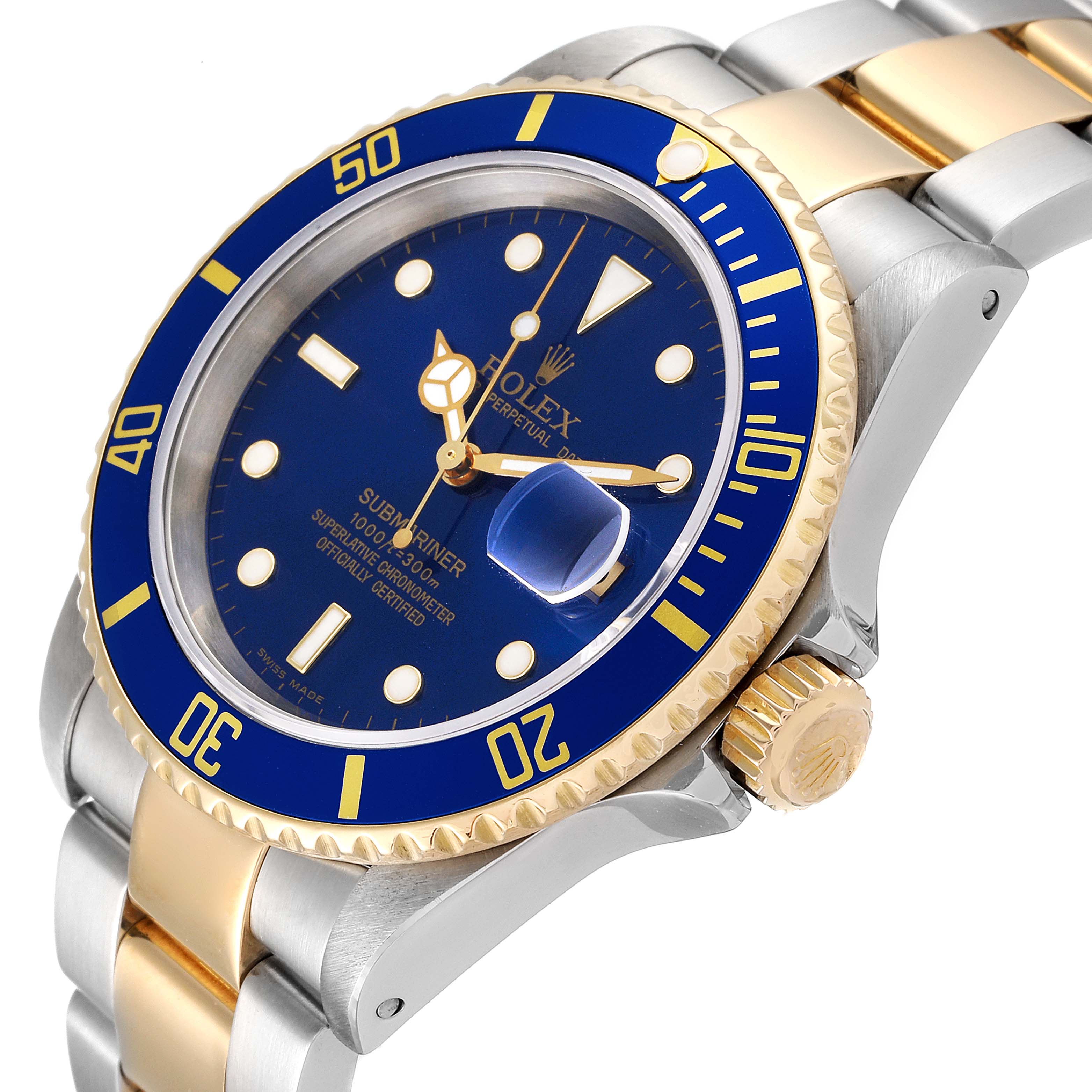 This image shows a close-up angled view of a Rolex Submariner 16613 Men's Steel and Gold (two tone) Blue Dial 16613 Men's Steel and Gold (two tone) Blue Dial, highlighting the blue dial, bezel, and two-tone bracelet.