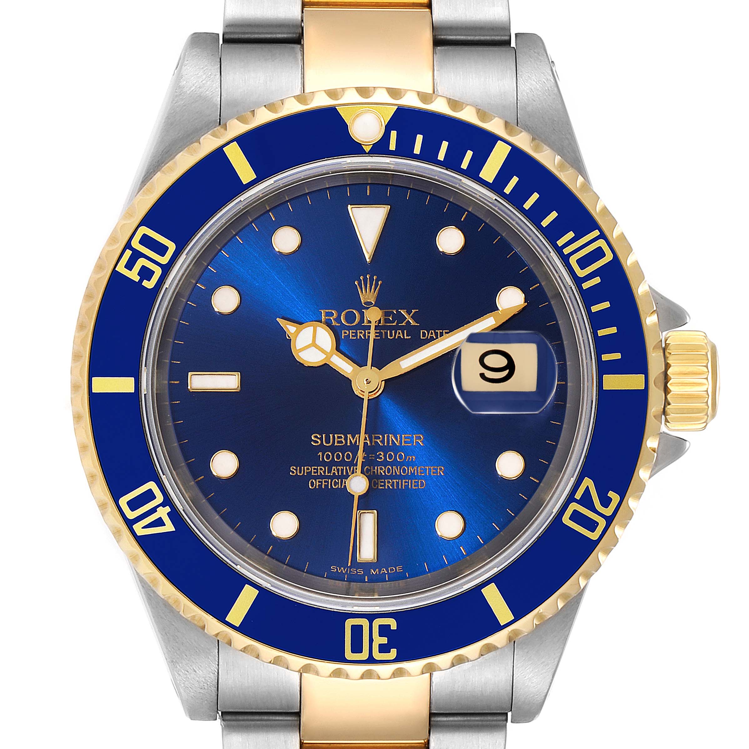 The image shows a frontal view of a Rolex Submariner 16613 Men's Steel and Gold (two tone) Blue Dial 16613 Men's Steel and Gold (two tone) Blue Dial watch, highlighting the blue dial, date window, and two-tone bracelet.