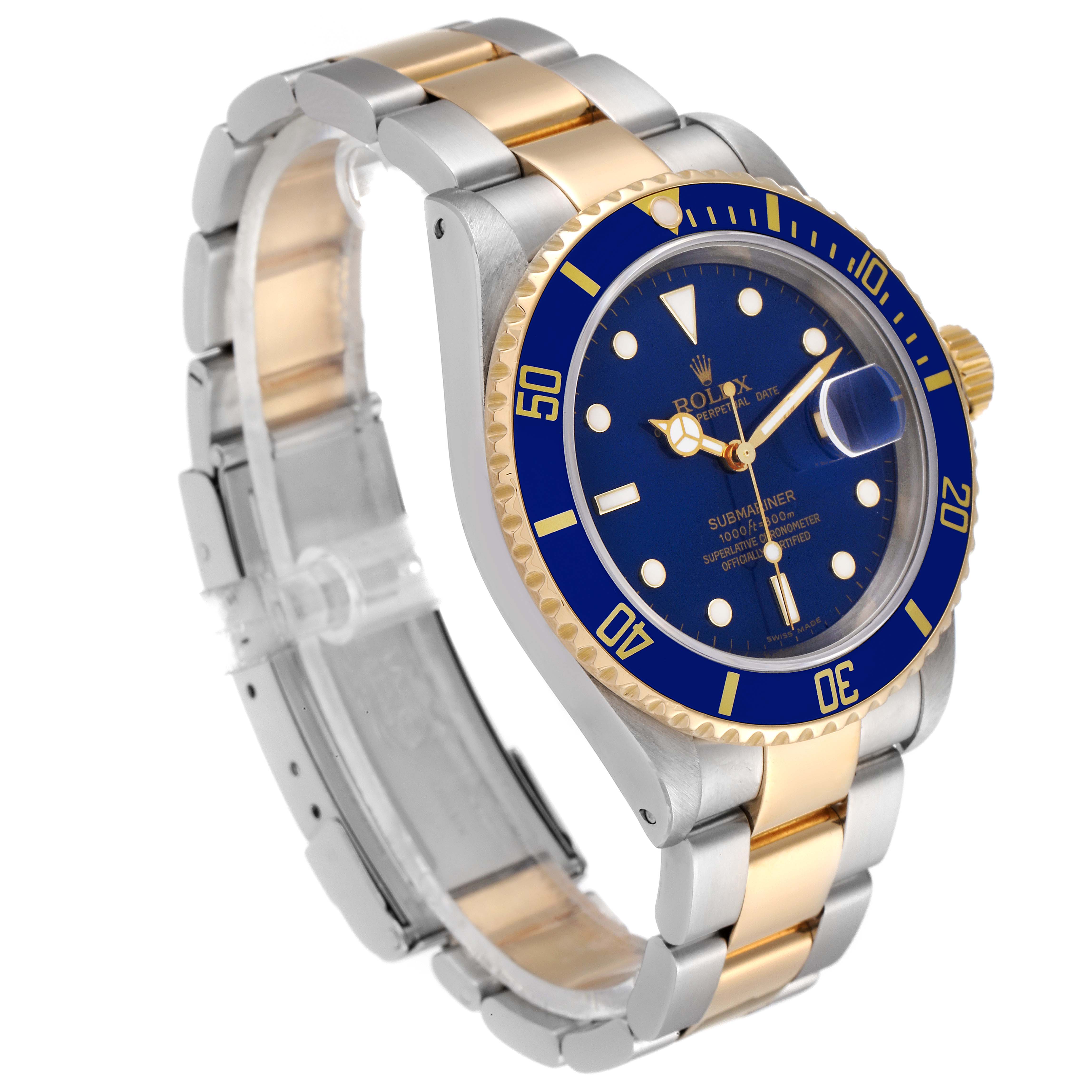 The image shows a Rolex Submariner 16613 Men's Steel and Gold (two tone) Blue Dial 16613 Men's Steel and Gold (two tone) Blue Dial watch at a three-quarter angle, highlighting the face, bezel, and two-tone bracelet.