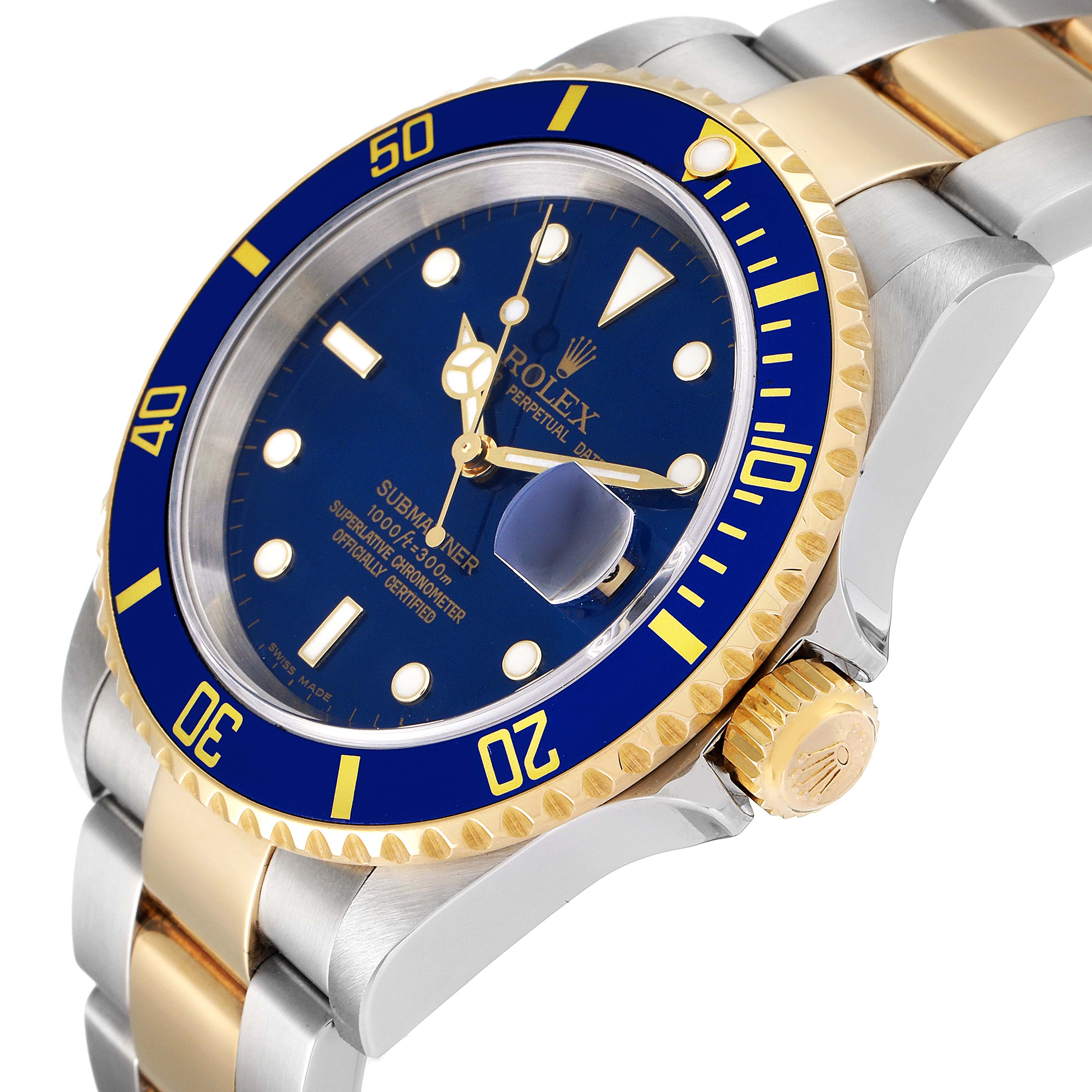 The image shows a Rolex Submariner 16613 Men
s Steel and Gold (two tone) Blue Dial 16613 Men
s Steel and Gold (two tone) Blue Dial watch from a side angle, highlighting the bezel, crown, and part of the bracelet.