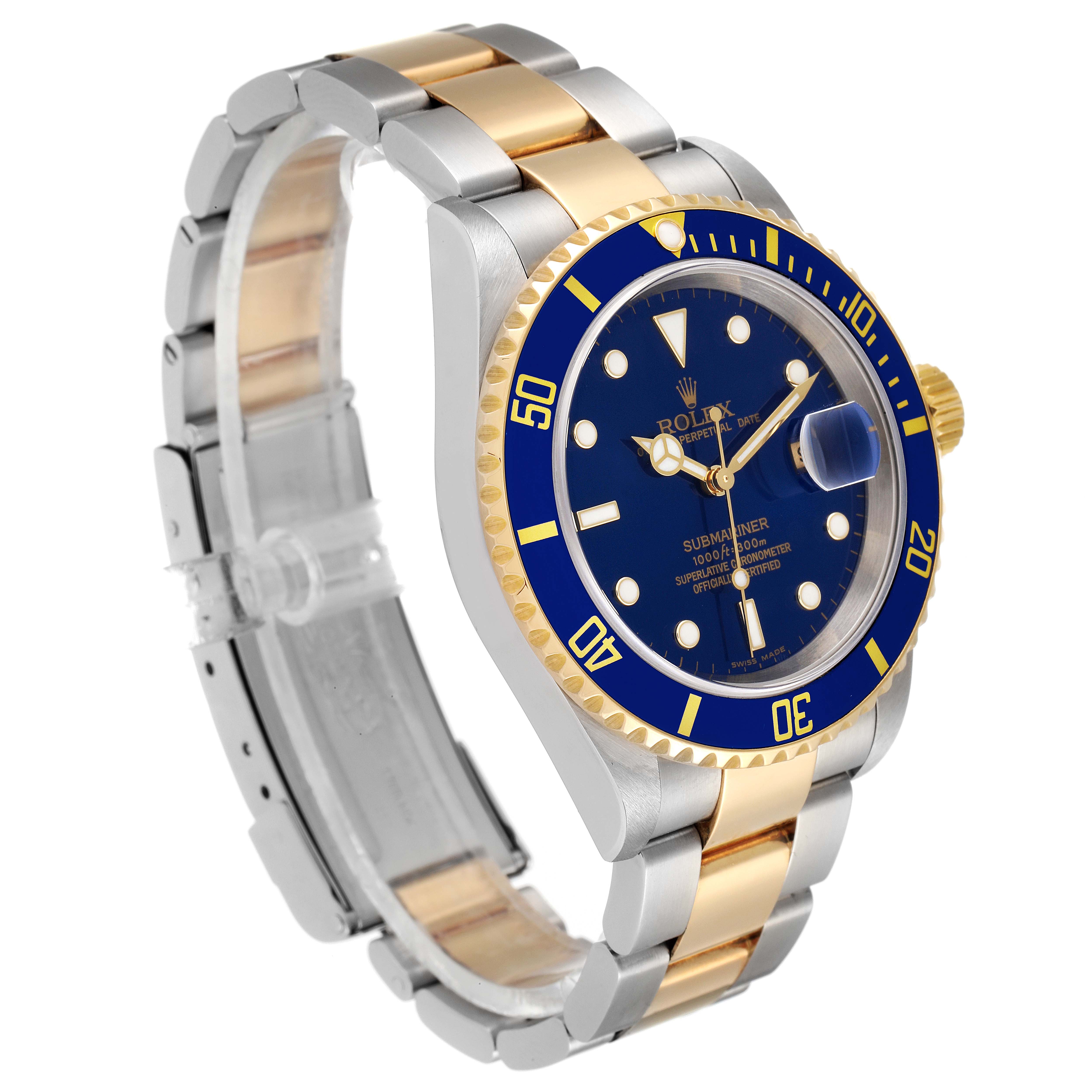 The Rolex Submariner 16613 Men
s Steel and Gold (two tone) Blue Dial 16613 Men
s Steel and Gold (two tone) Blue Dial watch is displayed at a tilted side angle, showcasing its blue dial, bezel, and two-tone bracelet.