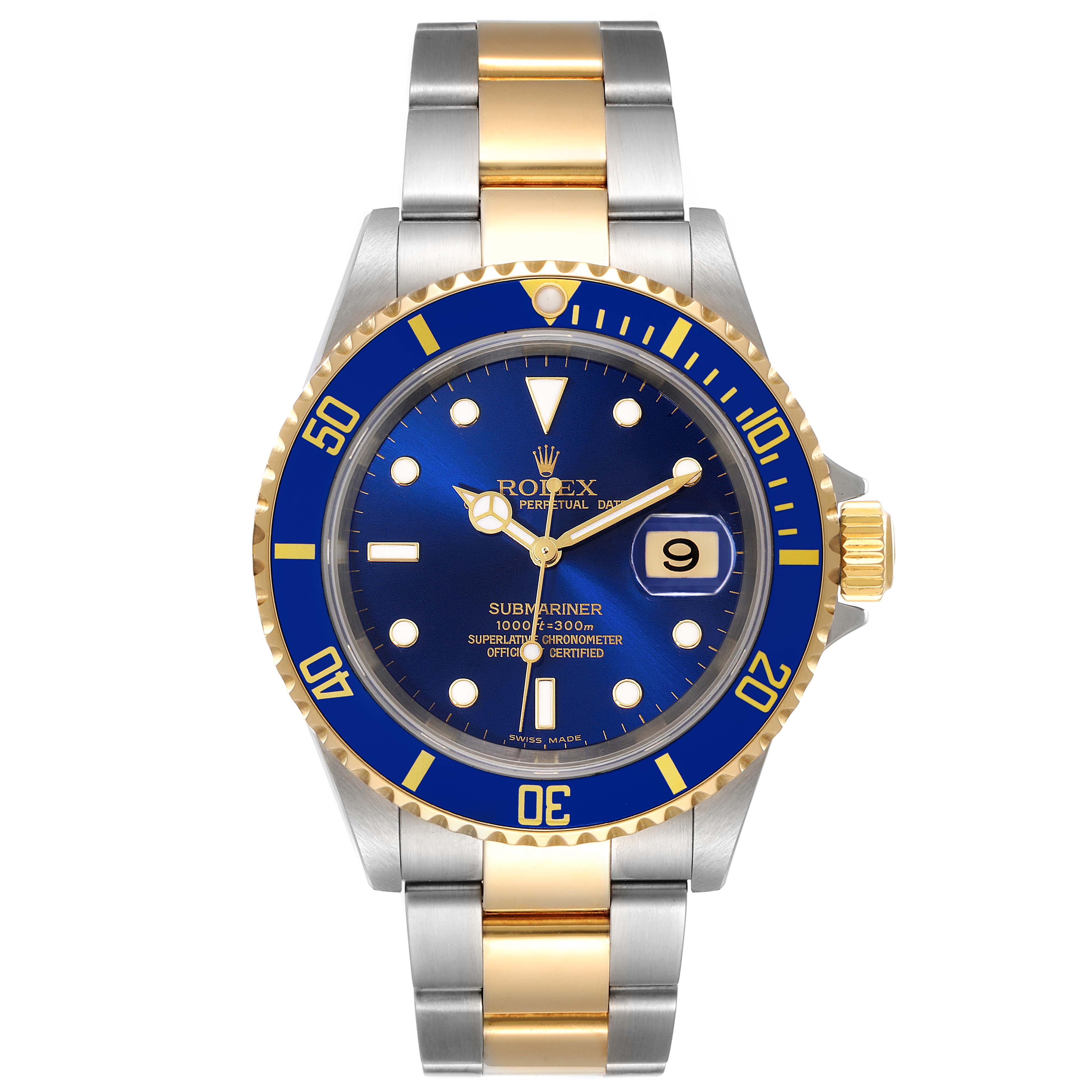 The image shows a front view of the Rolex Submariner 16613 Men
s Steel and Gold (two tone) Blue Dial 16613 Men
s Steel and Gold (two tone) Blue Dial watch displaying the dial, bezel, and bracelet.