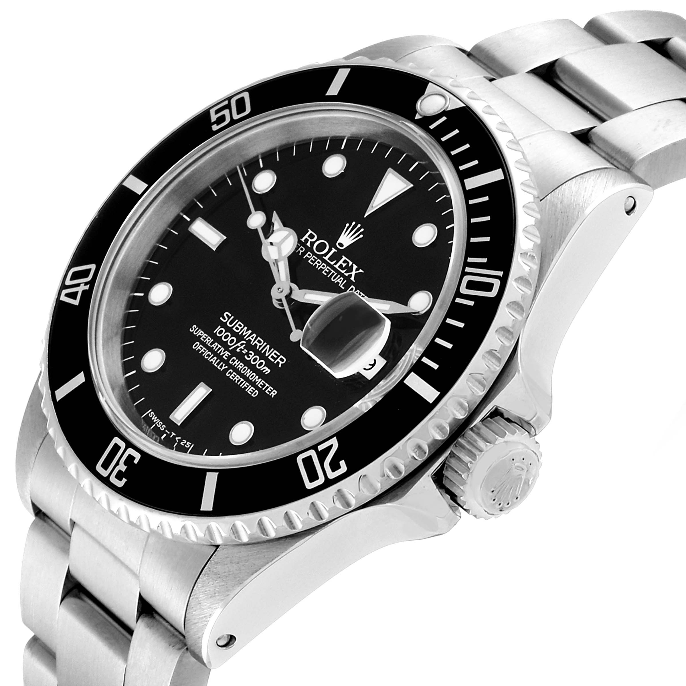 The image shows the face, bezel, crown, and part of the bracelet of a Rolex Submariner 16610 Men
s Stainless Steel Black Dial 16610 Men
s Stainless Steel Black Dial watch at an angled side view.