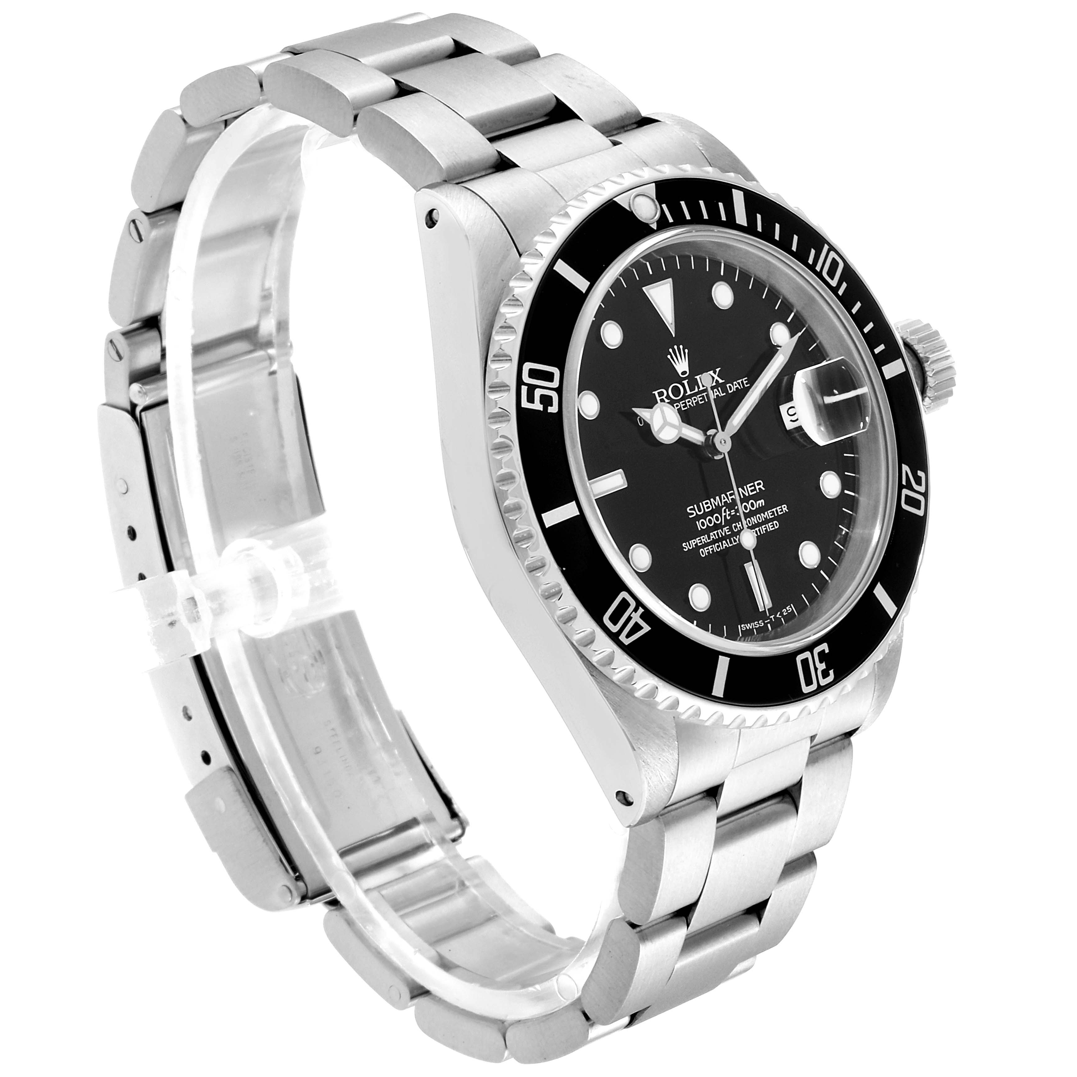 The image shows a side view of the Rolex Submariner 16610 Men
s Stainless Steel Black Dial 16610 Men
s Stainless Steel Black Dial, highlighting its bezel, dial, bracelet, and crown.