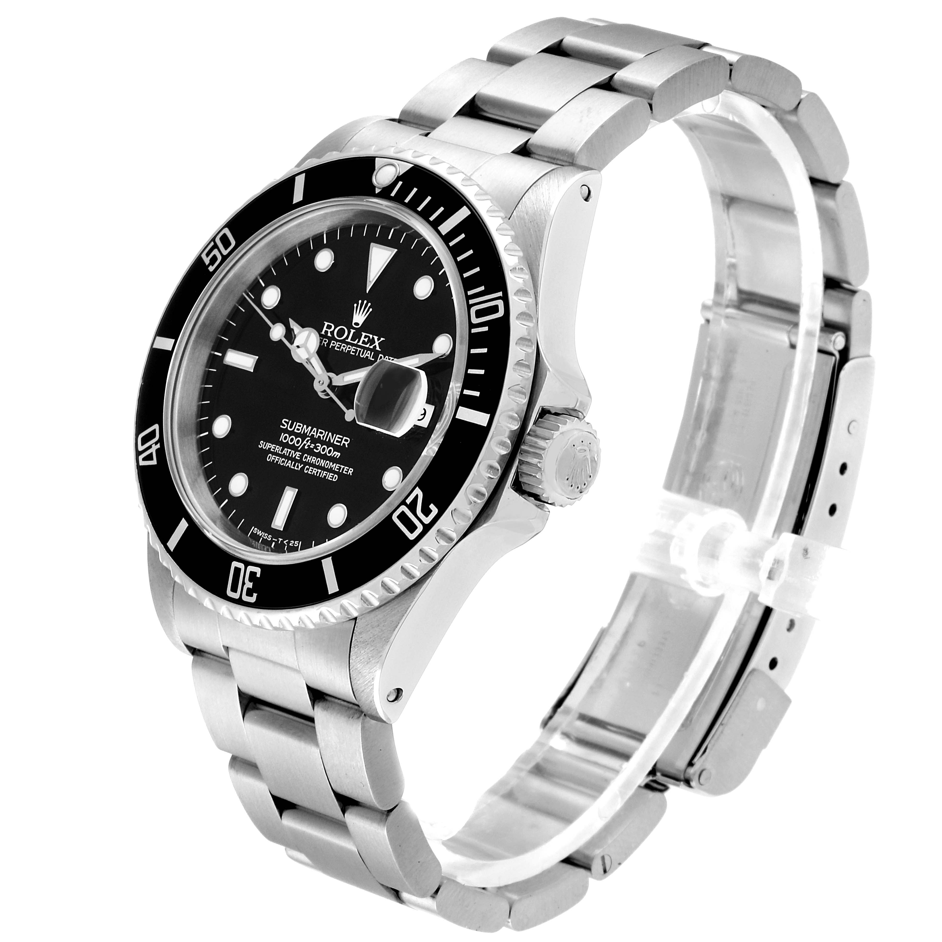This image shows a side-angle view of a Rolex Submariner 16610 Men
s Stainless Steel Black Dial 16610 Men
s Stainless Steel Black Dial watch, highlighting its dial, bezel, and bracelet.