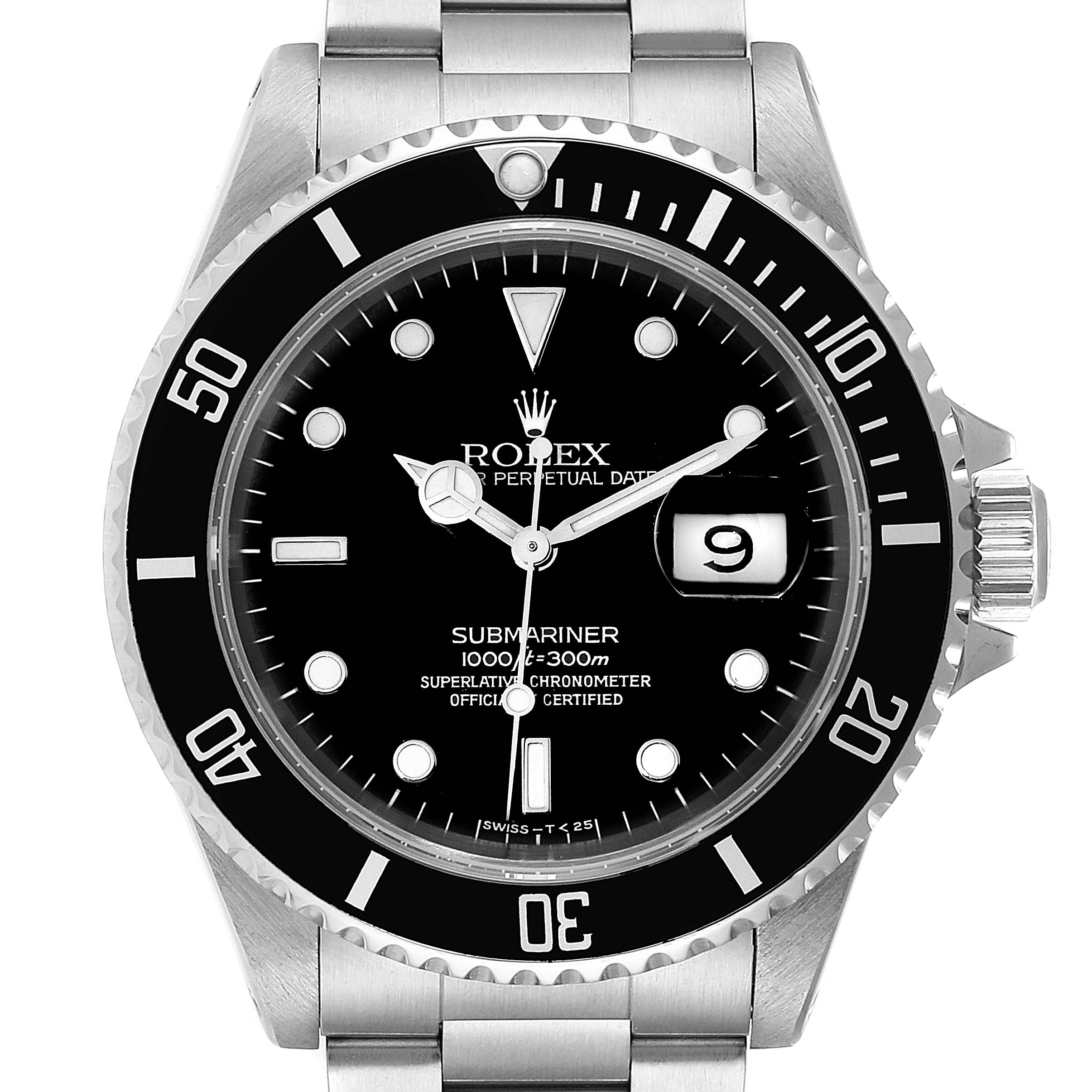 This image shows a front view of the Rolex Submariner 16610 Men
s Stainless Steel Black Dial 16610 Men
s Stainless Steel Black Dial with its dial, bezel, and part of the bracelet visible.