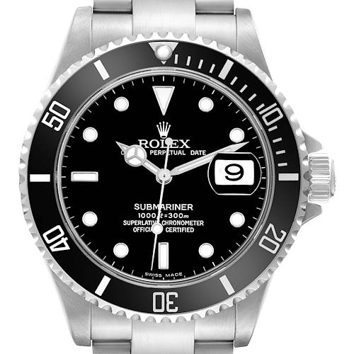 This image shows a front view of a Rolex Submariner watch, highlighting the dial, bezel, date, and crown.