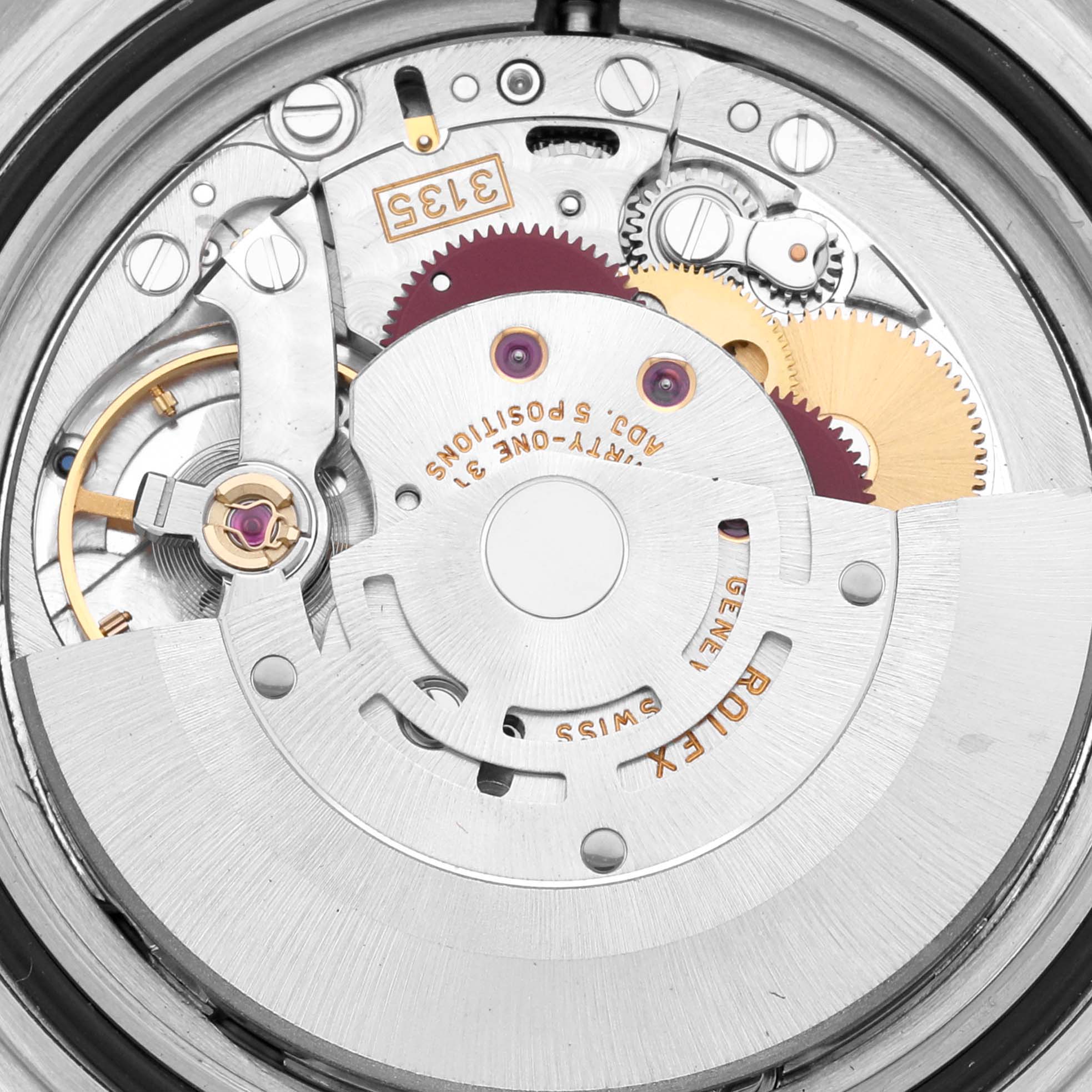 This image shows the intricate internal movement components of a Rolex Submariner 16610 Men
s Stainless Steel Black Dial 16610 Men
s Stainless Steel Black Dial watch from a close-up angle.
