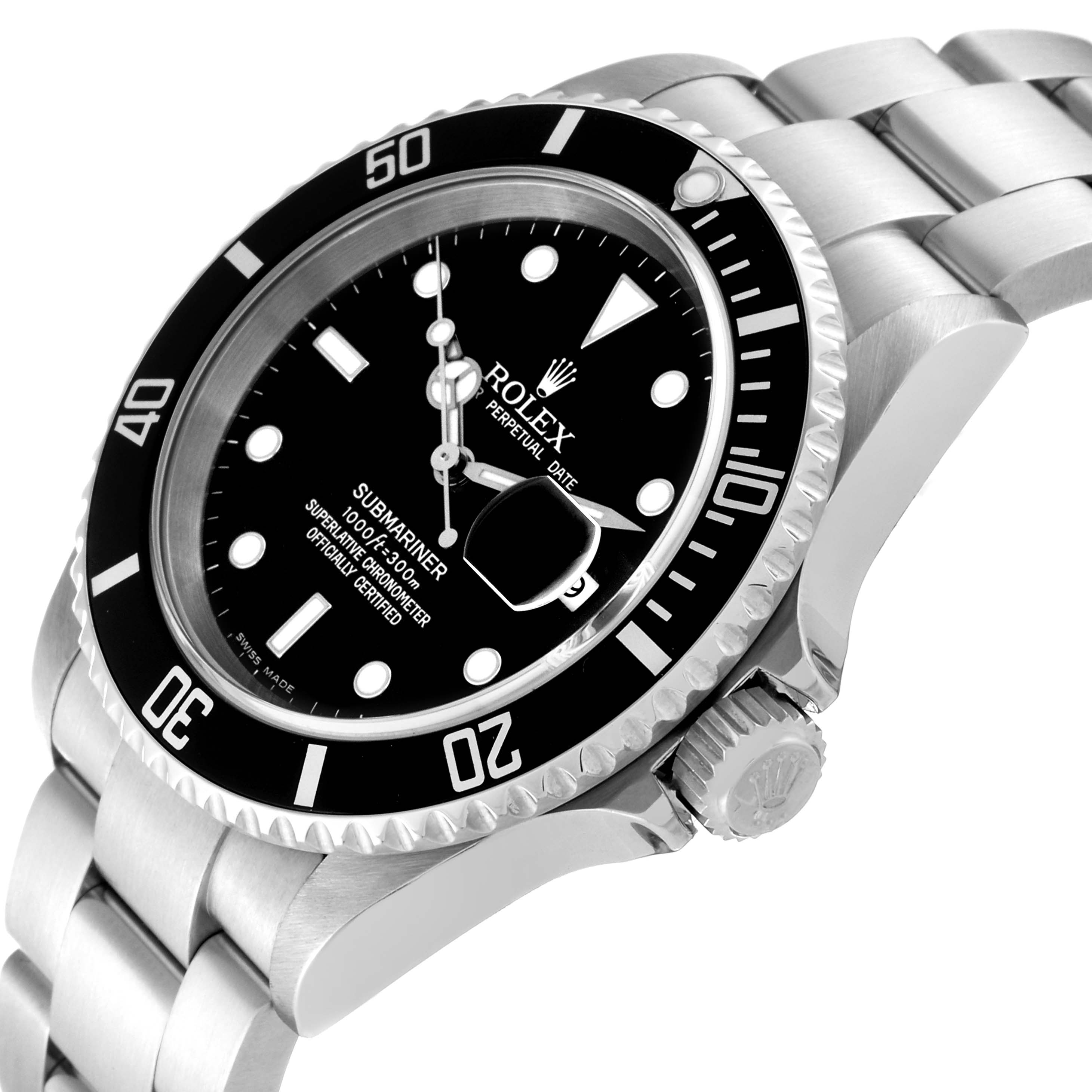 The image shows a Rolex Submariner 16610 Men
s Stainless Steel Black Dial 16610 Men
s Stainless Steel Black Dial watch at an oblique angle, highlighting the dial, bezel, crown, and part of the bracelet.