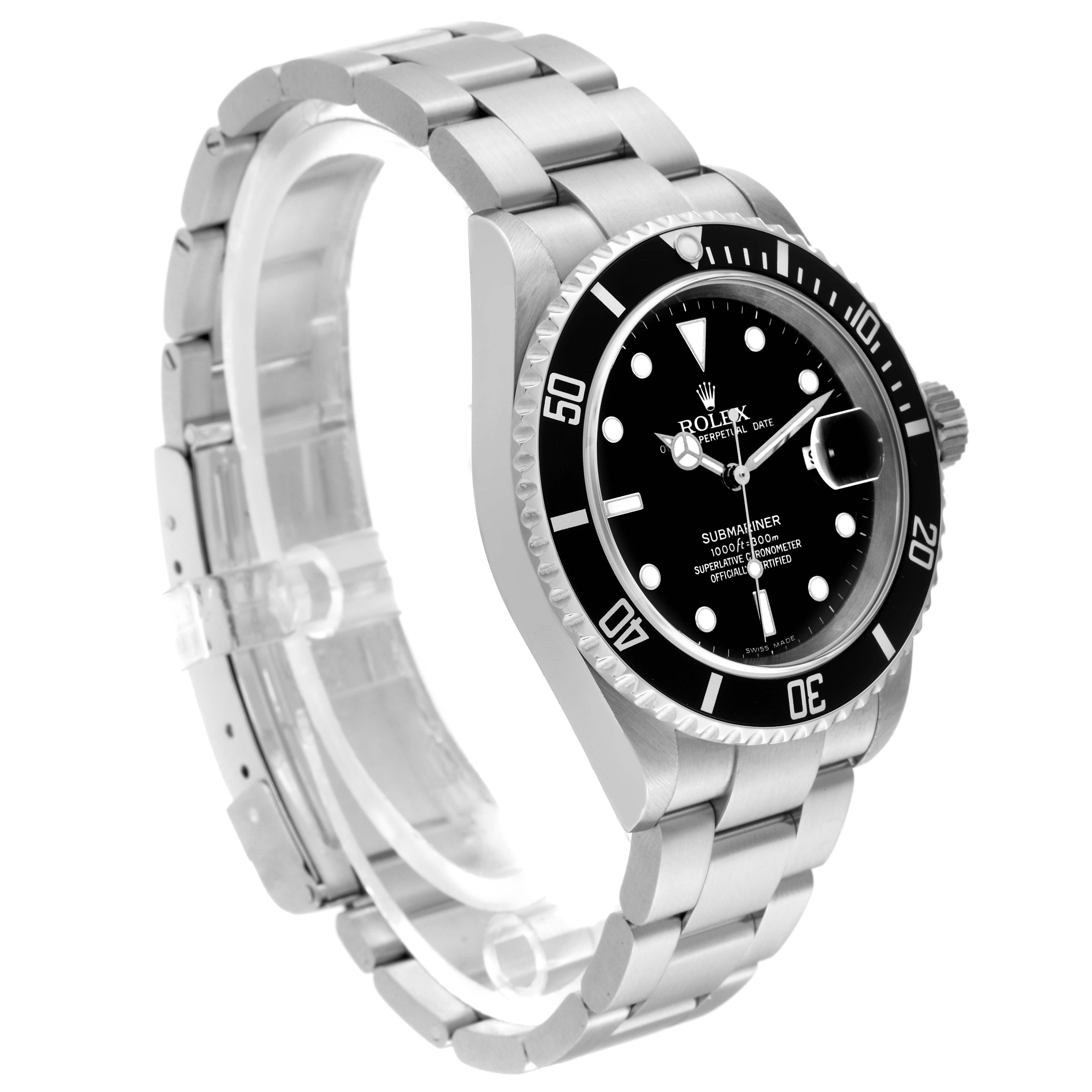 The image depicts a Rolex Submariner 16610 Men
s Stainless Steel Black Dial 16610 Men
s Stainless Steel Black Dial watch angled to show its face, bezel, and bracelet.