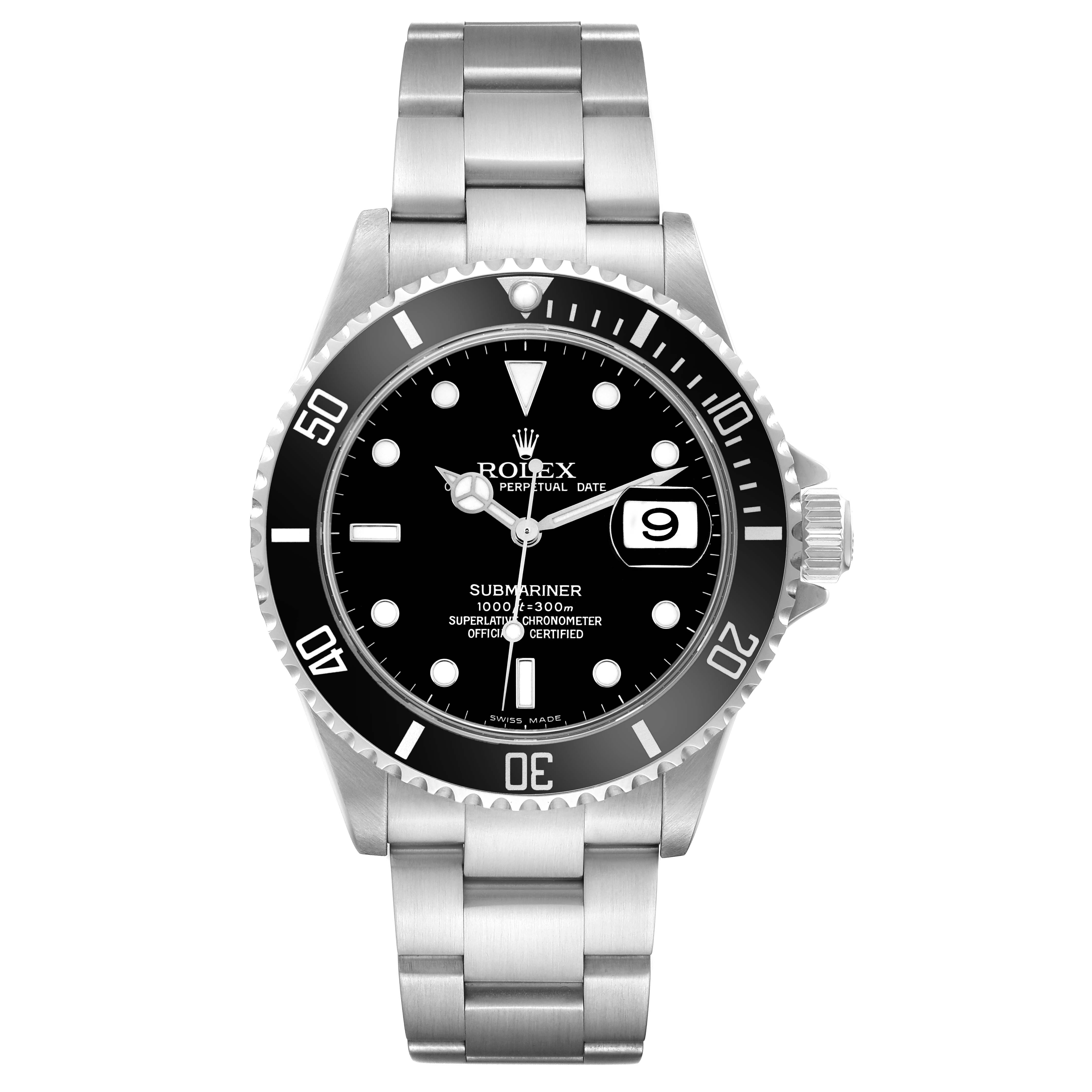 The image shows a front view of the Rolex Submariner 16610 Men
s Stainless Steel Black Dial 16610 Men
s Stainless Steel Black Dial watch displaying its dial, bezel, and bracelet.