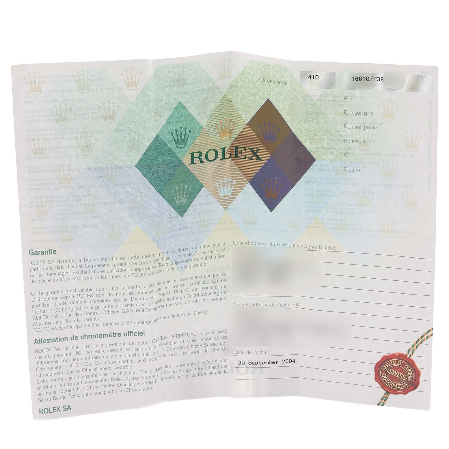 The image shows an official guarantee certificate booklet for a Rolex Submariner 16610 Men
s Stainless Steel Black Dial 16610 Men
s Stainless Steel Black Dial model.