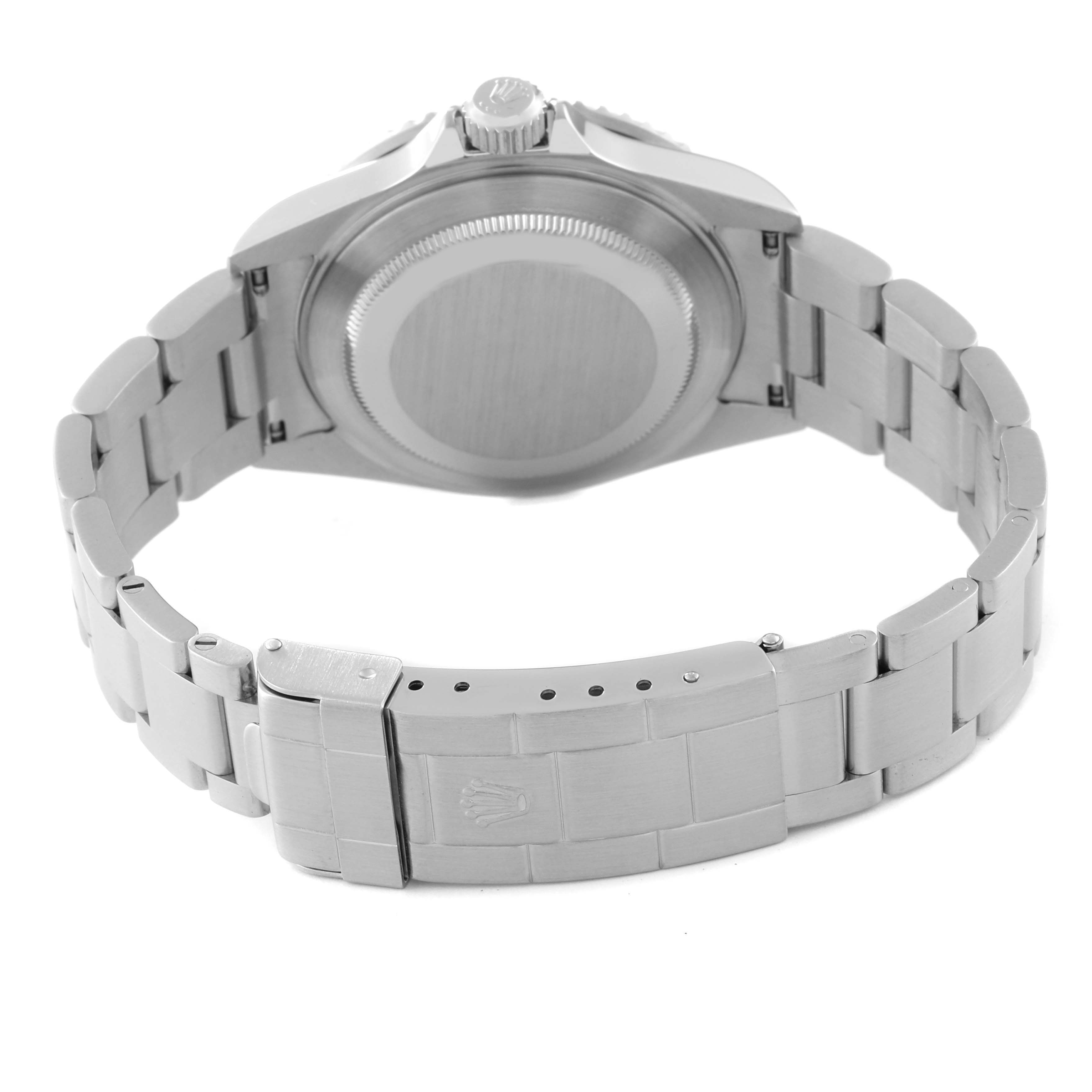 This image shows the back view of a Rolex Submariner 16610 Men
s Stainless Steel Black Dial 16610 Men
s Stainless Steel Black Dial watch, featuring the case back, bracelet, and clasp.