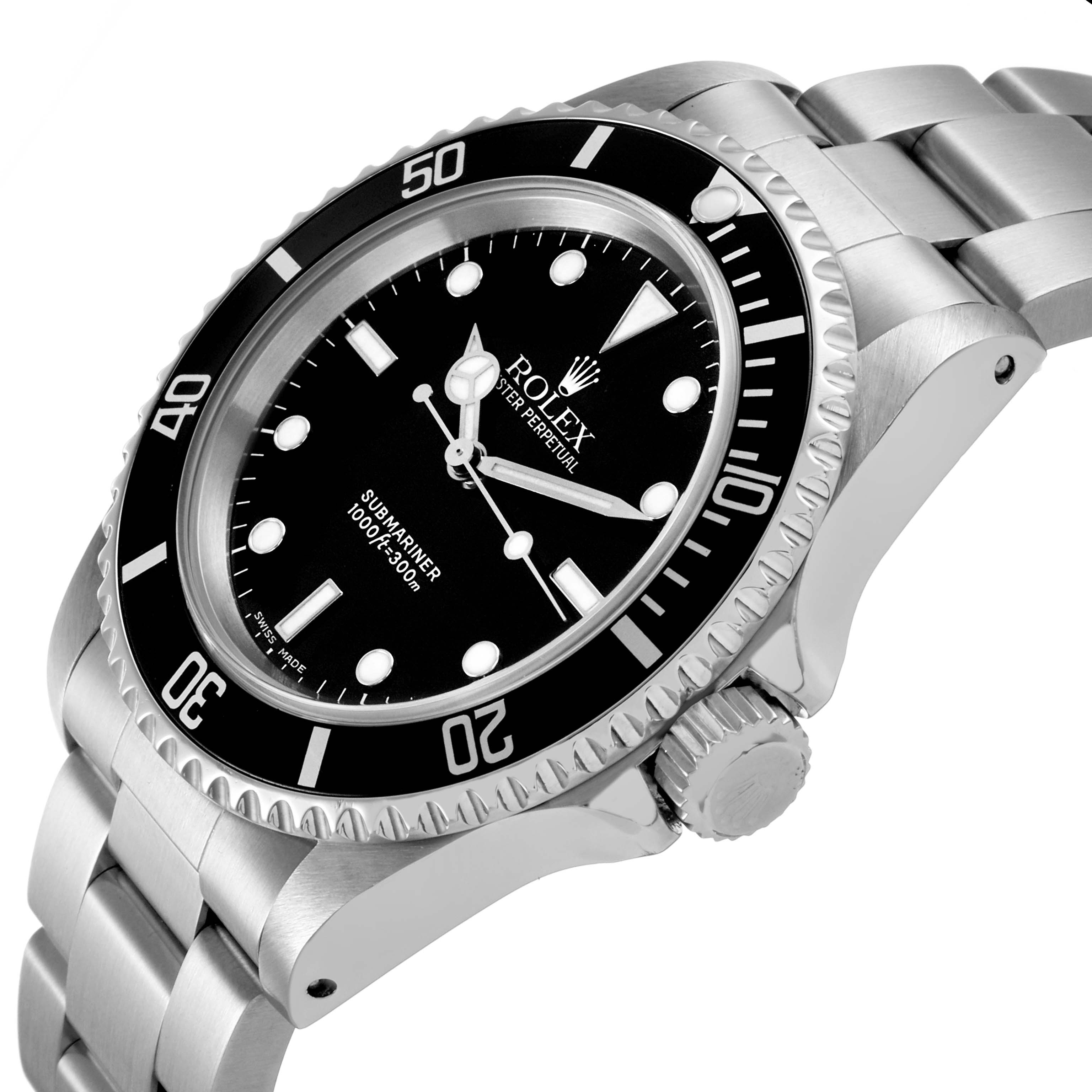 The image shows a Rolex Submariner 14060 Men's Stainless Steel Black Dial watch at an angled view, highlighting the dial, bezel, crown, and part of the bracelet.