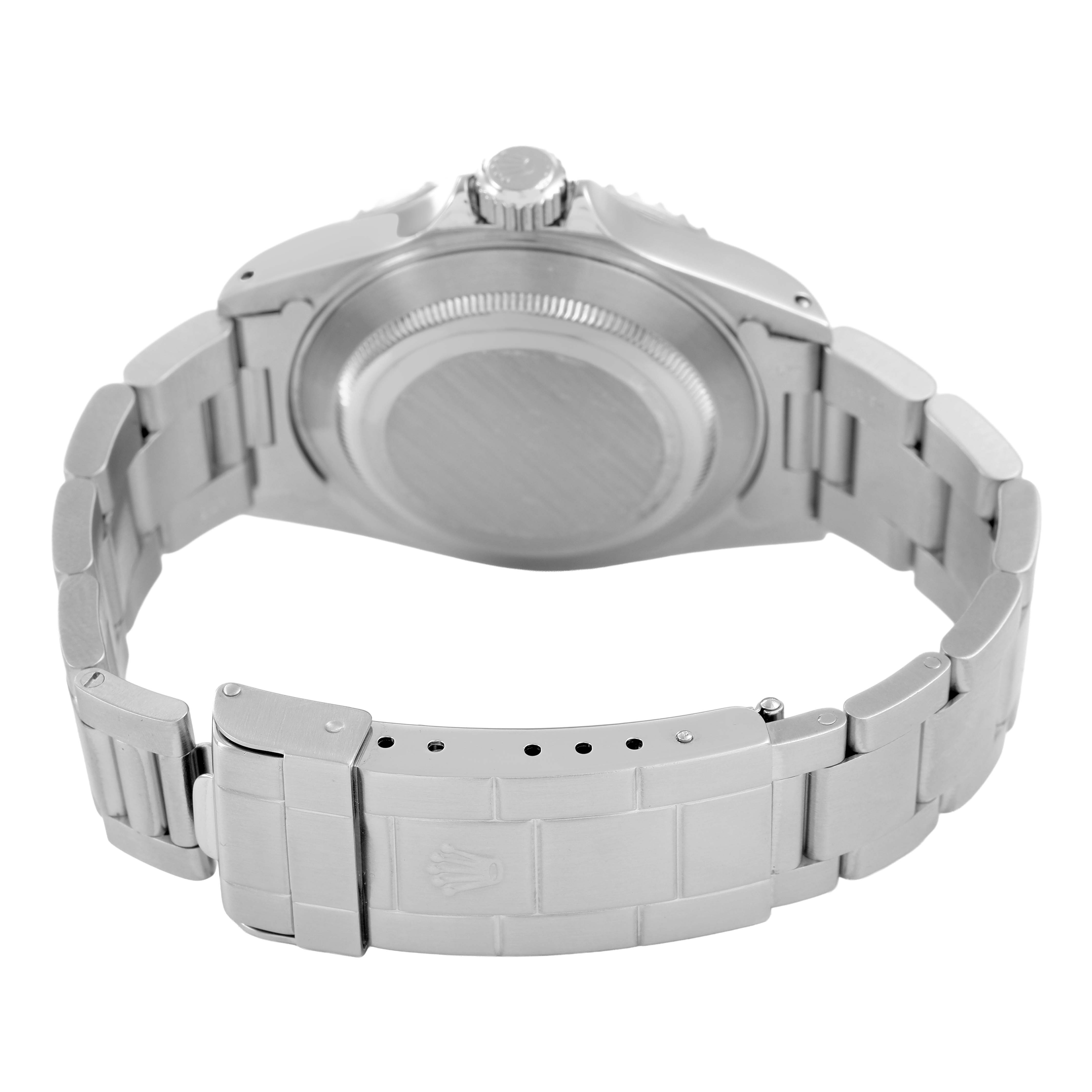 The image shows the back of a Rolex Submariner 14060 Men's Stainless Steel Black Dial, highlighting the case back, bracelet, and clasp from a rear angle.