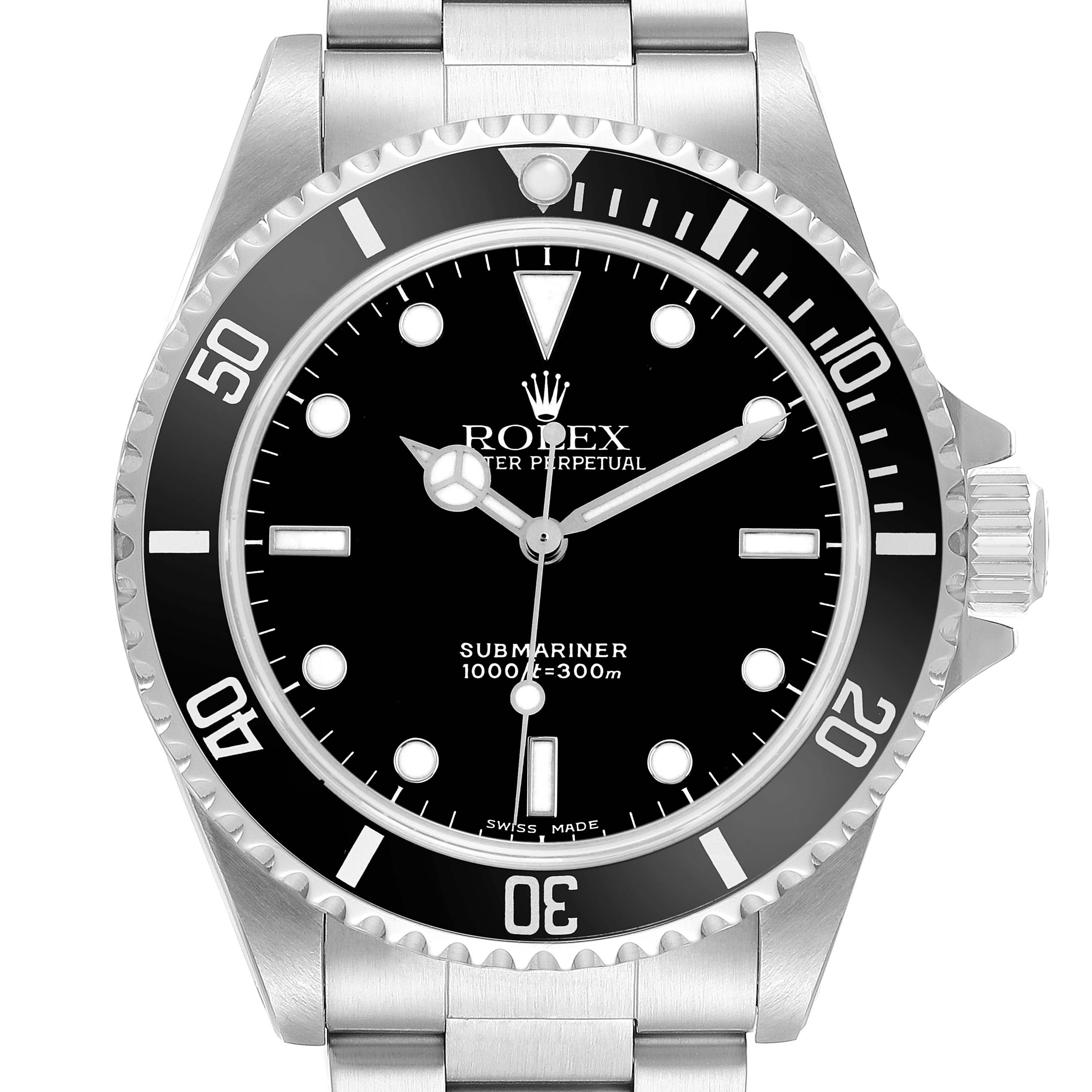 The image shows a front view of the Rolex Submariner 14060 Men's Stainless Steel Black Dial, displaying its dial, bezel, hands, and part of the bracelet.